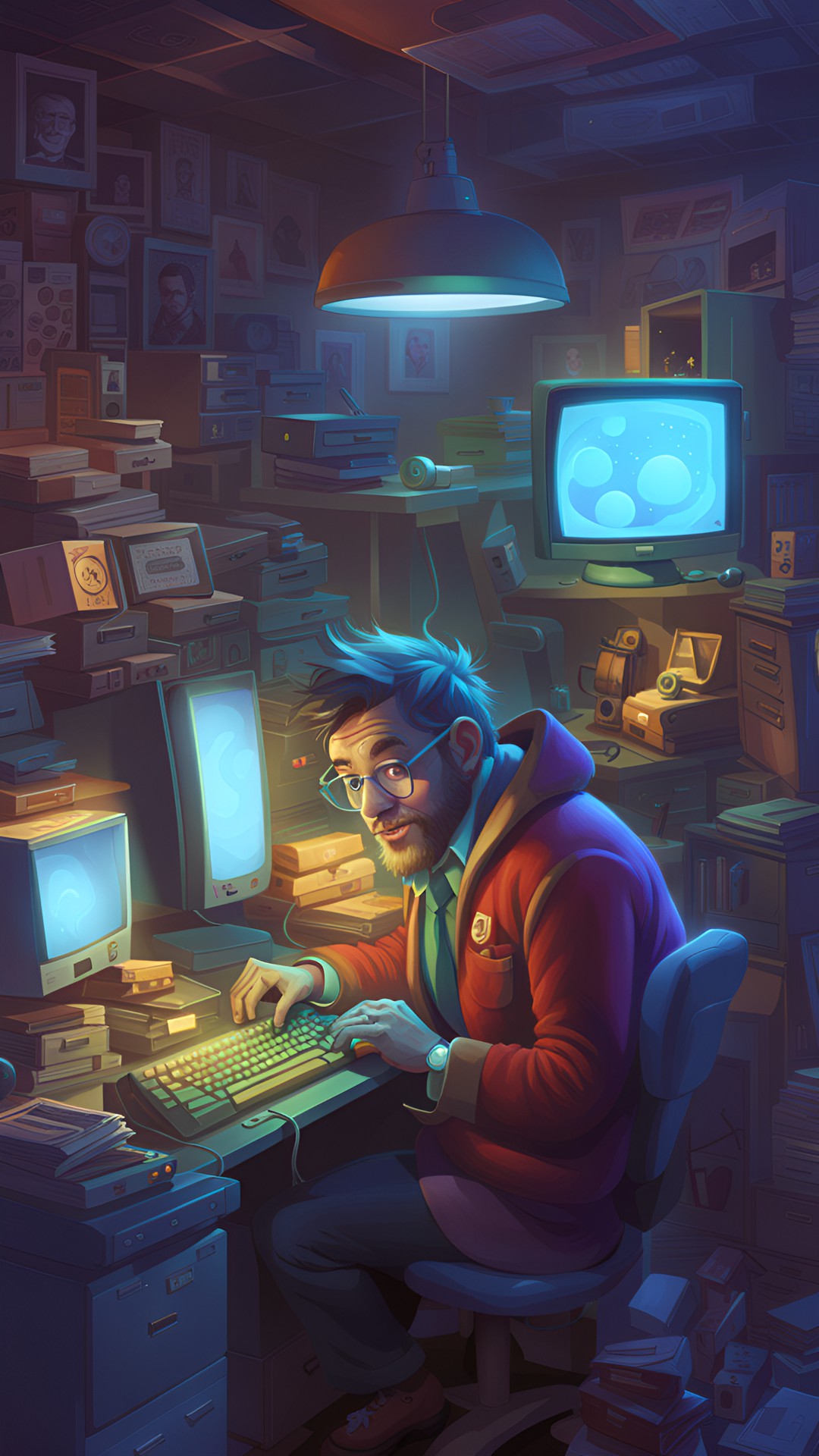 order over chaos - grotesque humorous illustration on dallas computershop, nerd hacker work on retro pc,lonely, nice, soft lighting, hyperrealism, looking at viewer, by range,by michael william & pixar,3d octane render,grunge scene preview