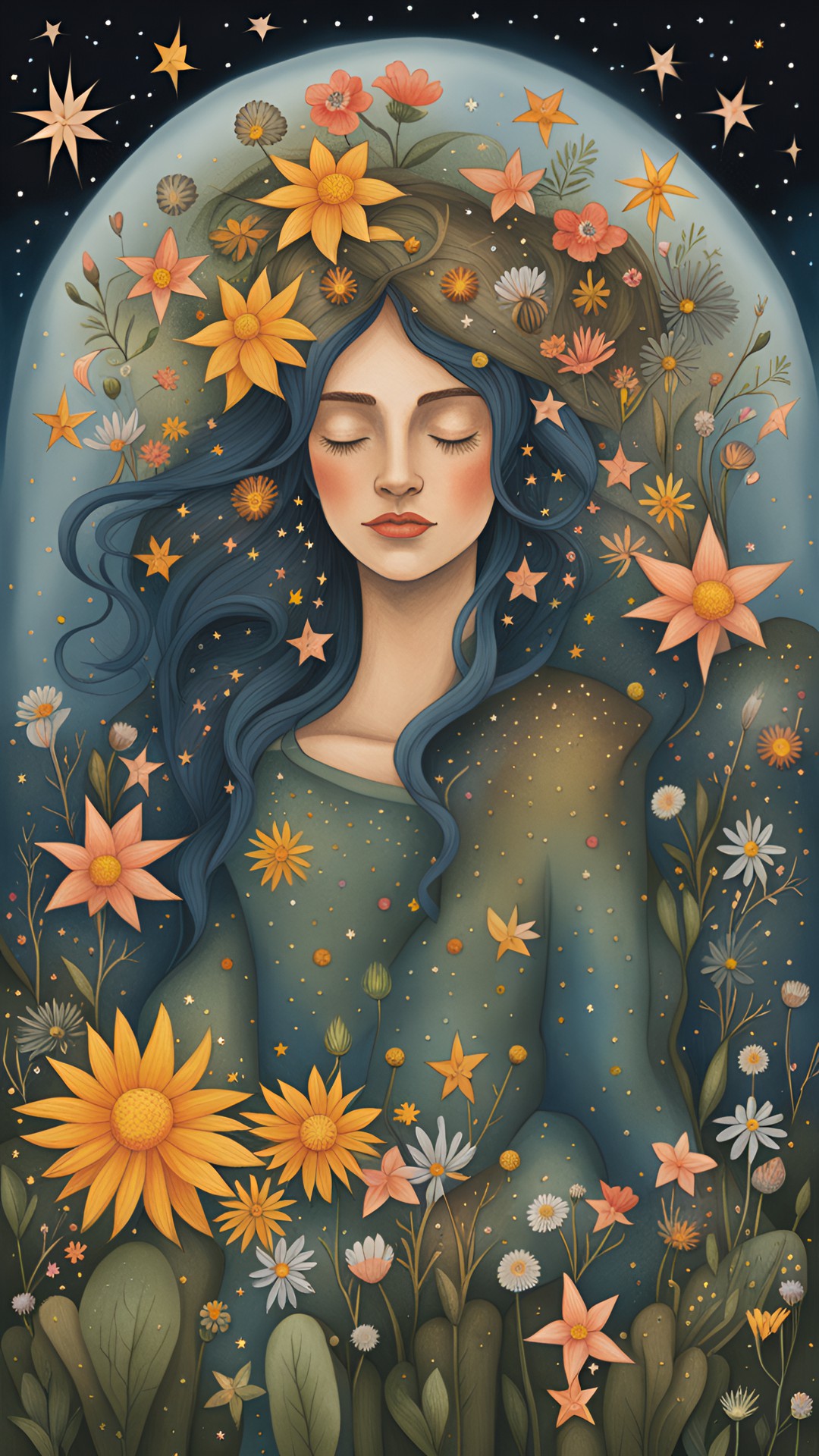 wild wandering woman with flowers in her hair and stars beneath her feet preview