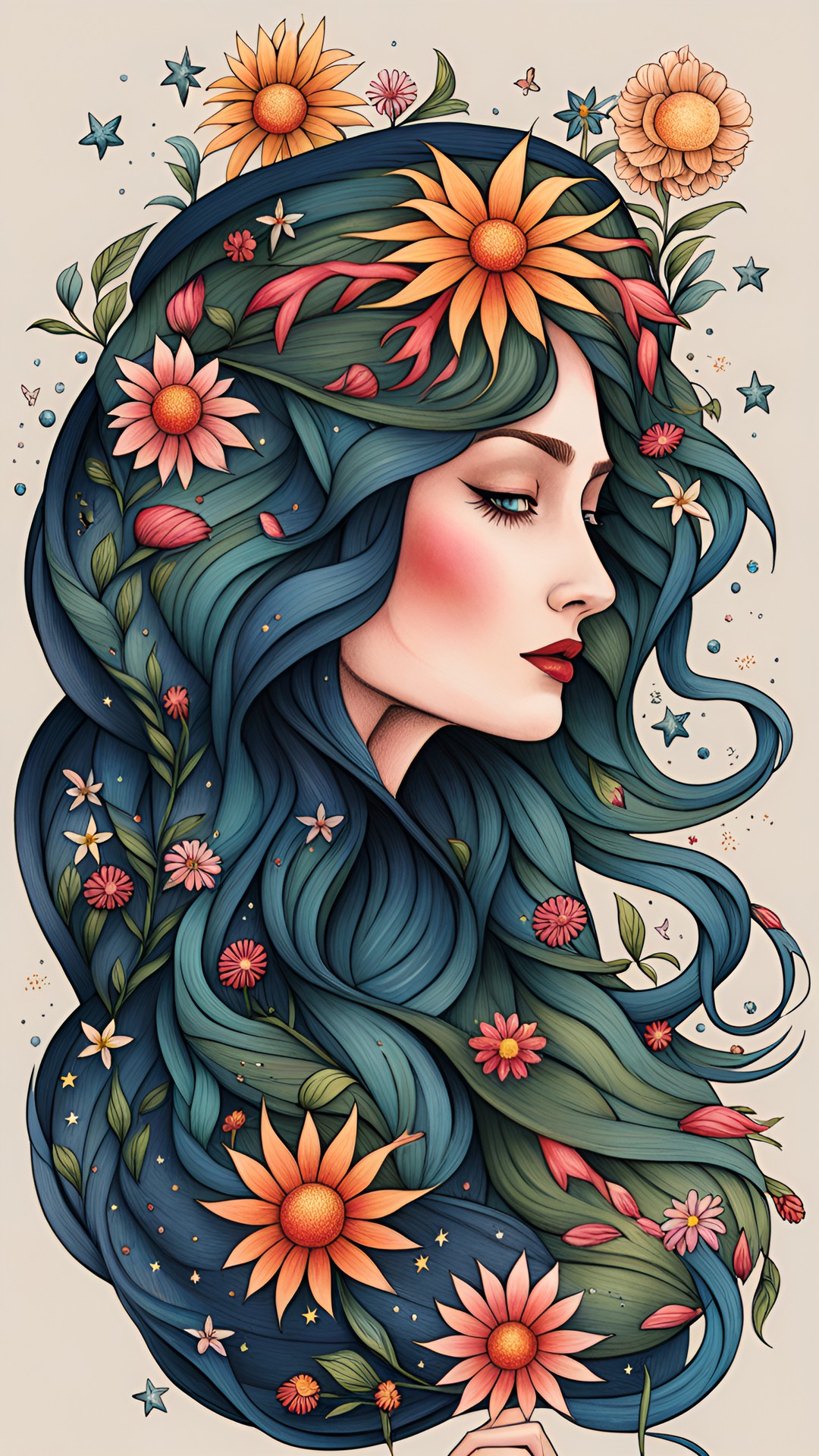 wild wandering woman with flowers in her hair and stars beneath her feet preview