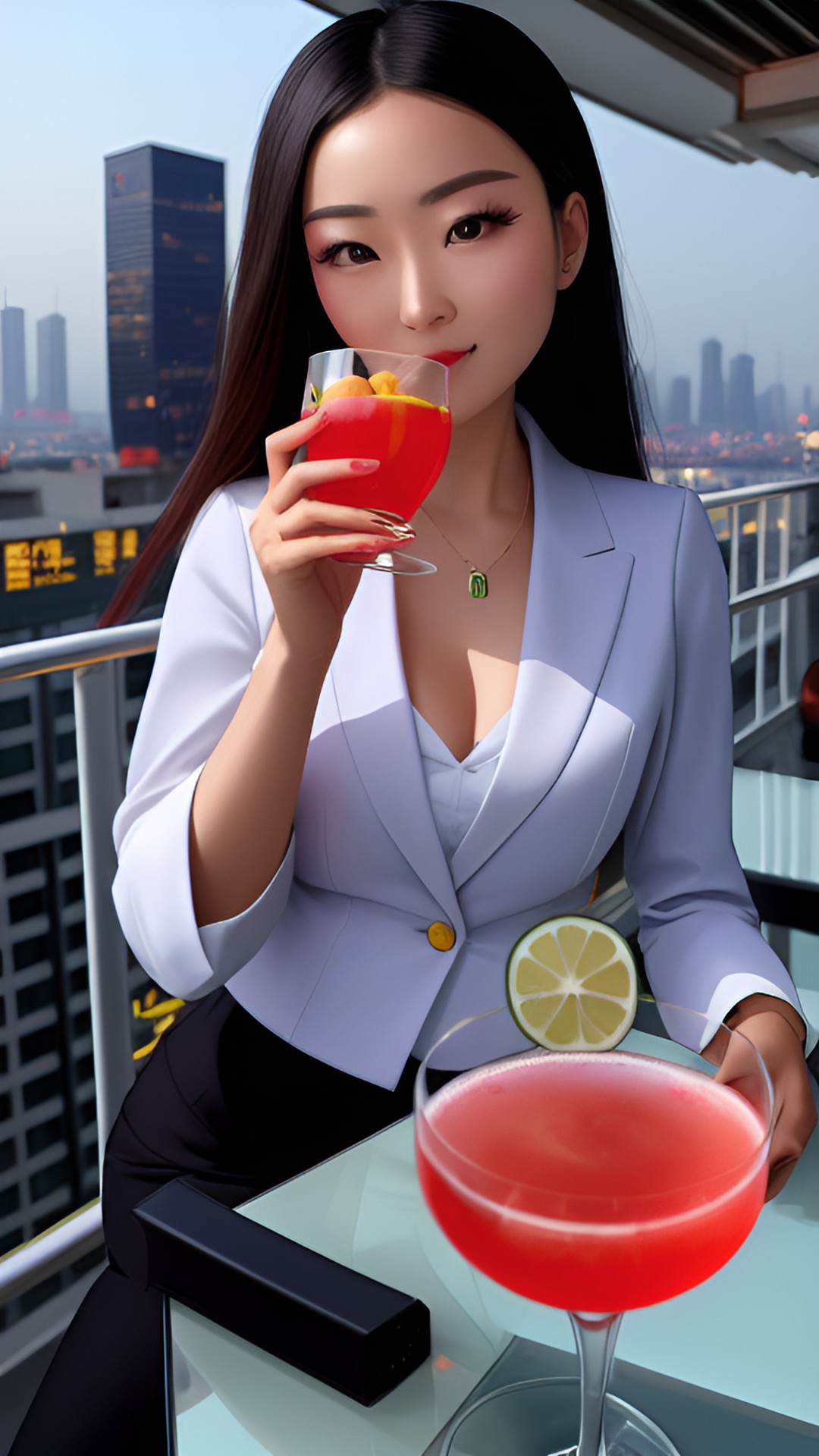 Business over Drinks - gorgeous chinese woman in business suit drinking cocktail in rooftop bar preview