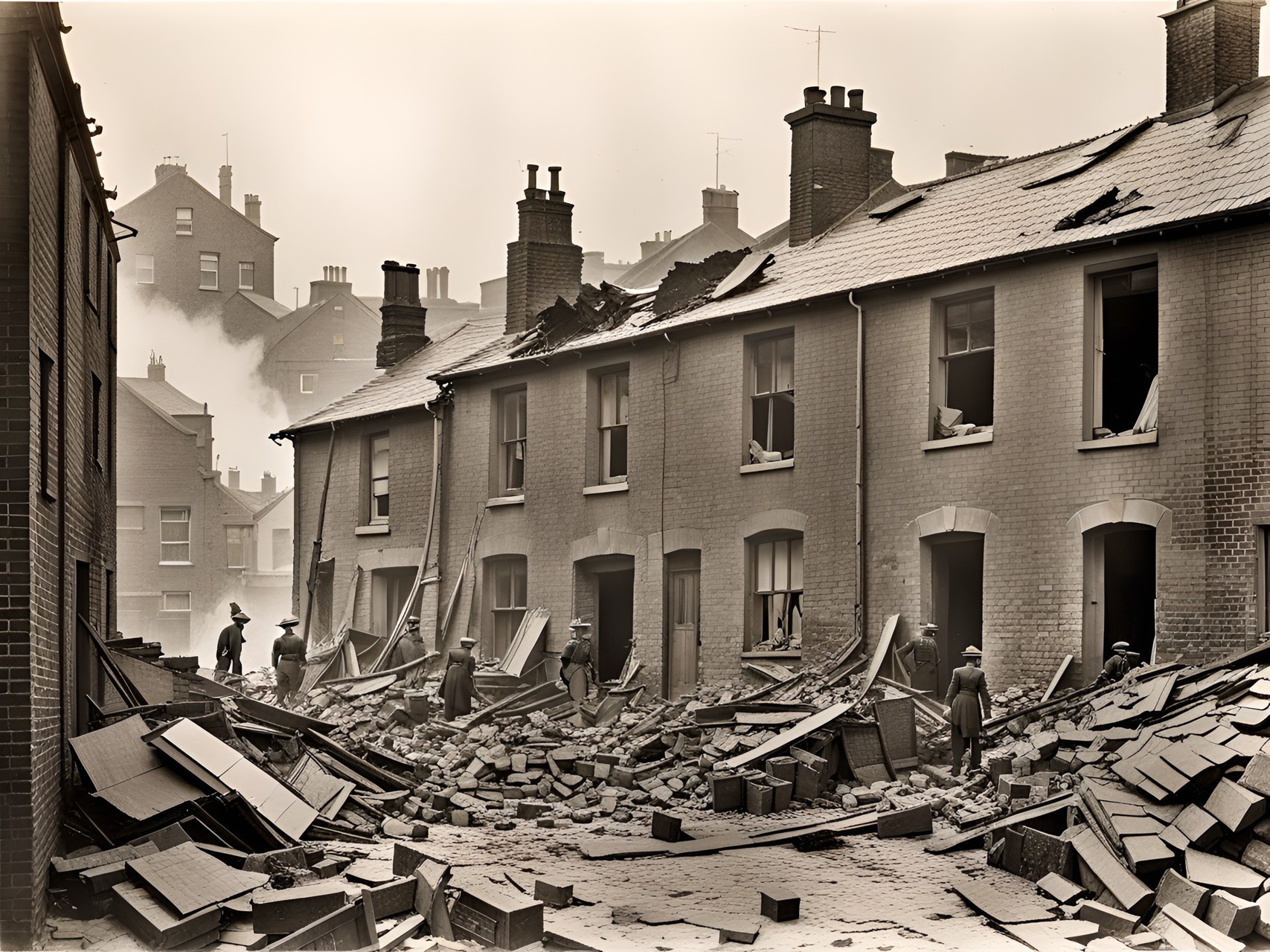 a bomb came crashing through the roof if a house at the end of the alley and burst in the basement, showering the street with slate and plaster. a second struck a chimney and plunged into the garden, followed by an avalanche of bricks, and another exploded with a deafening report in the next street. preview