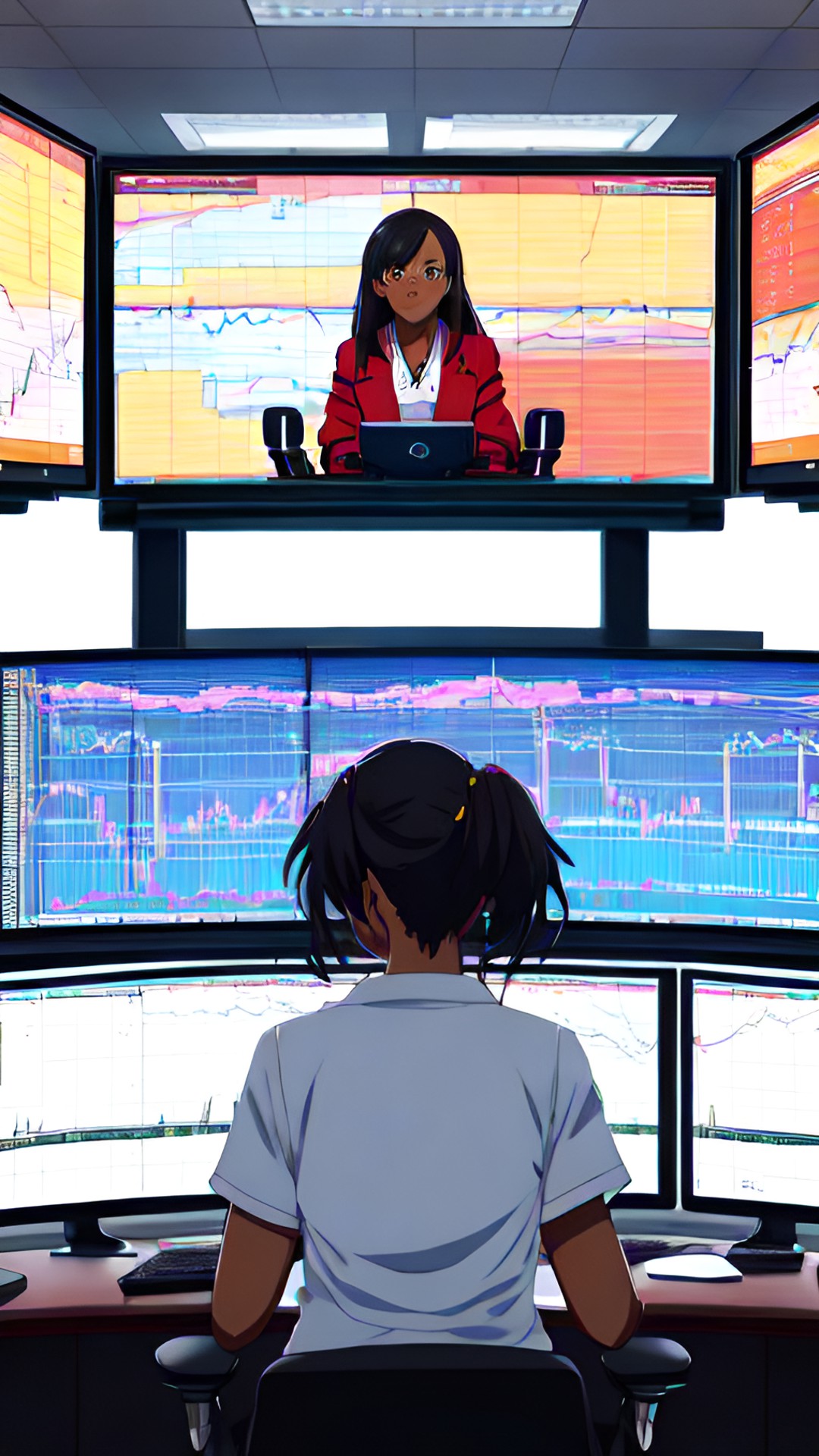 generate an image of a black woman sitting on a gaming chair with three computer monitors on the table, and on one of the monitors, display a forex trading chart preview