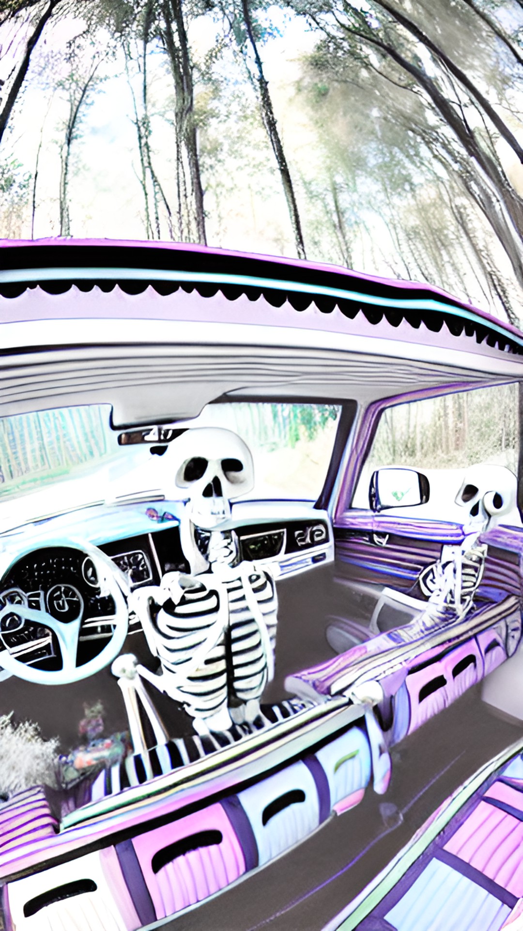 a skeleton couple driving a low rider cool dmt-like colors all around. mushrooms tripping too preview