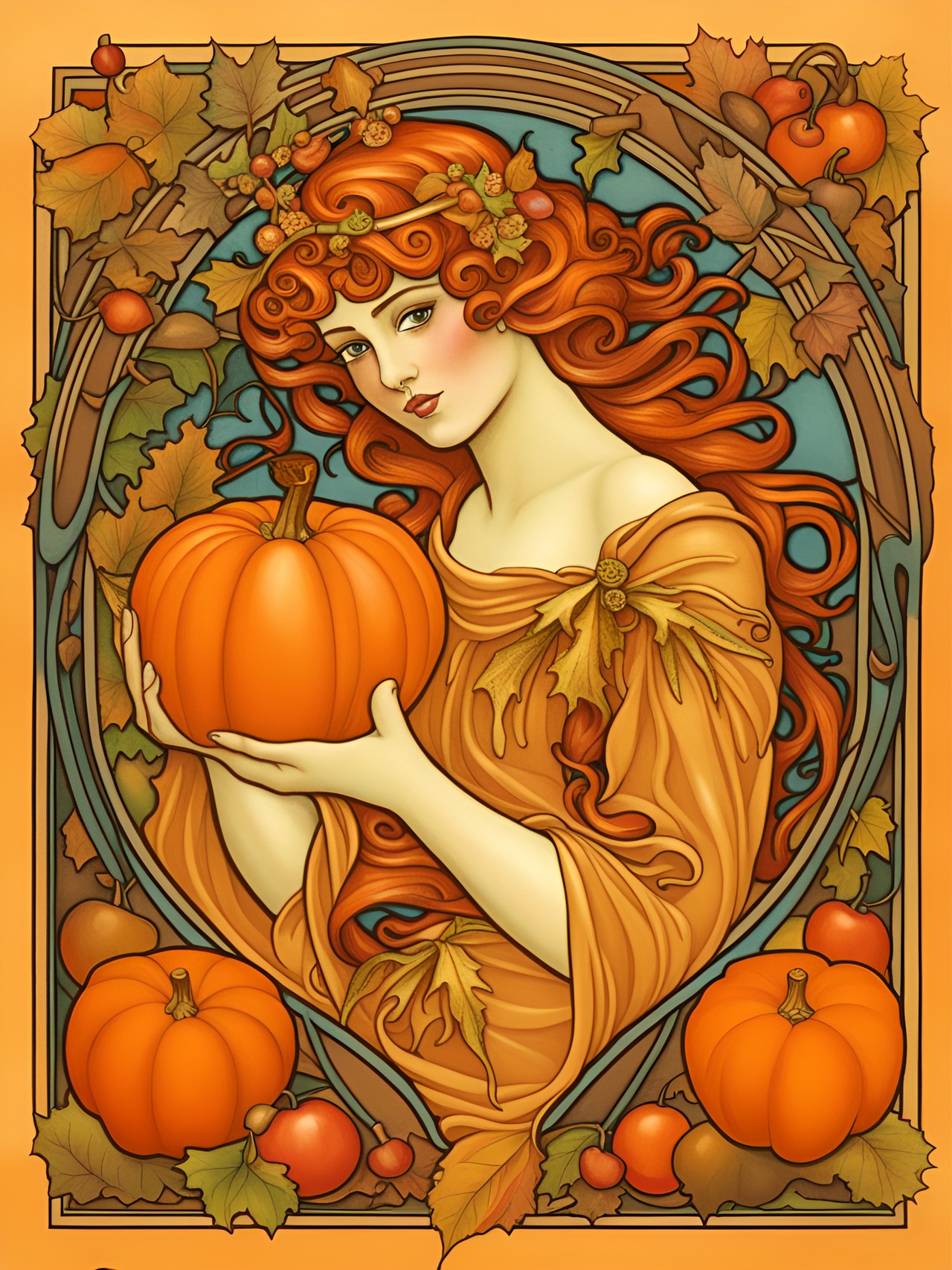 art nouveau autumn  apple, pumpkin spice, harvest cornucopia angel, postcard picture, complementary colors preview