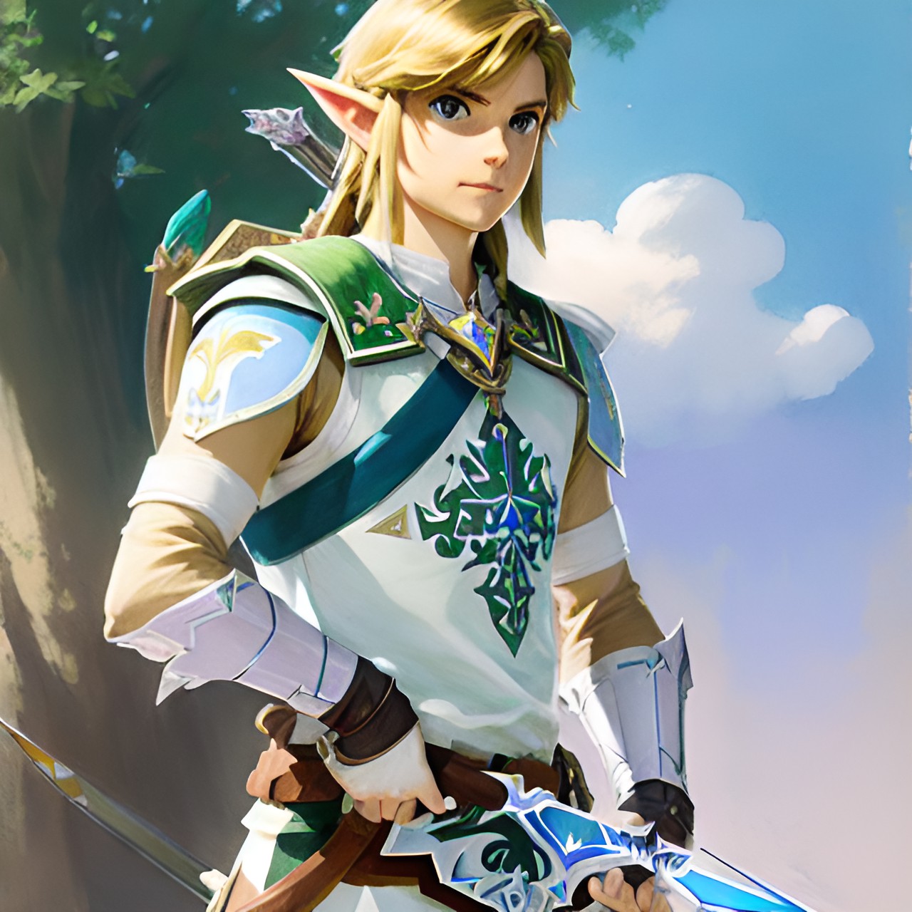 Link in White - link with master sword from zelda breath of the wild, elegant, highly detailed, smooth, sharp focus, pastel colors, artstation, spiritual art, art by artgerm and alphonse mucha preview