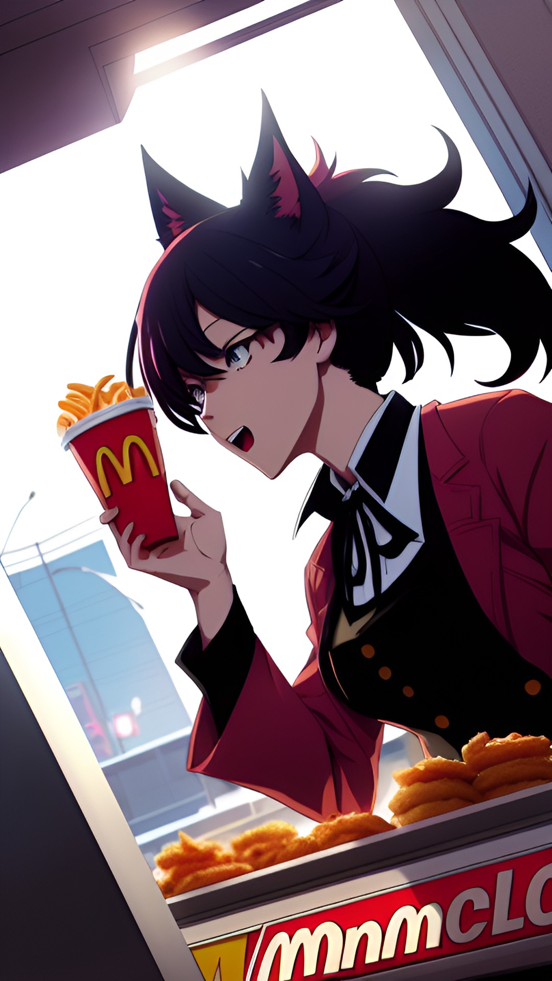 draw a werewolf woman ordering food from mcdonalds in a dc comic art style, with dramatic lighting angles and lots of shadows preview