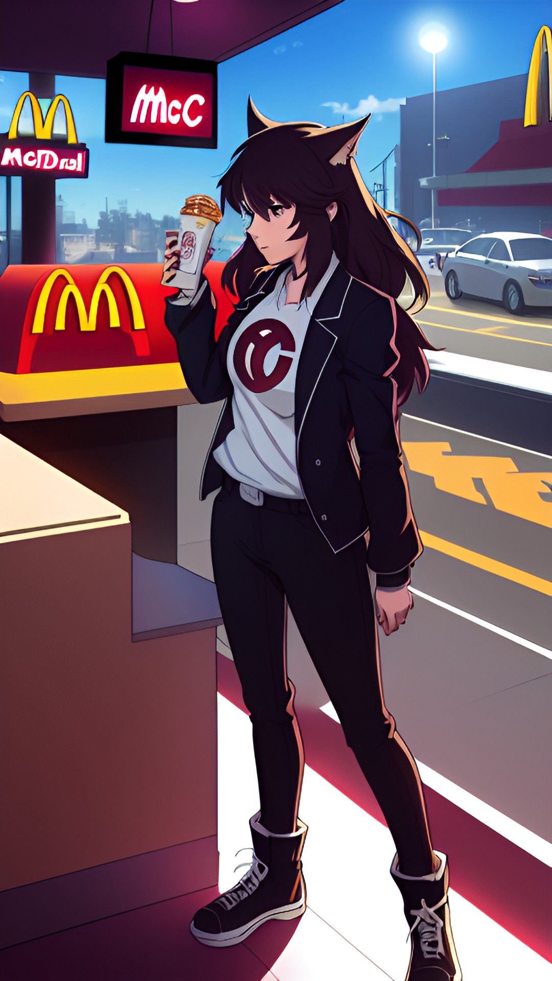 draw a werewolf woman ordering food from mcdonalds in a dc comic art style, with dramatic lighting angles and lots of shadows preview