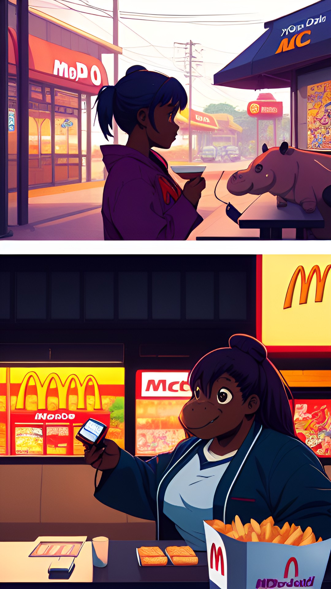 draw a hippo woman ordering food from mcdonalds in a dc comic art style, with dramatic lighting angles and lots of shadows preview