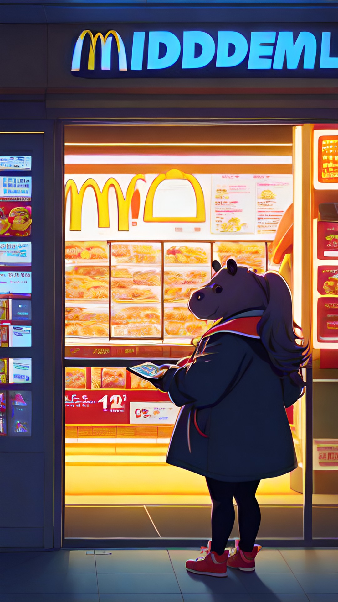 draw a hippo woman ordering food from mcdonalds in a dc comic art style, with dramatic lighting angles and lots of shadows preview