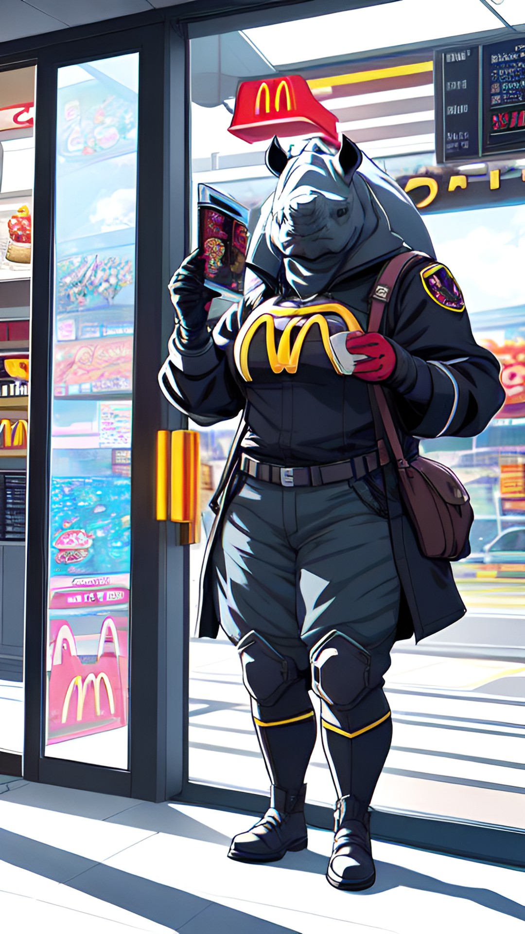 draw a rhino woman ordering food from mcdonalds in a dc comic art style, with dramatic lighting angles and lots of shadows preview