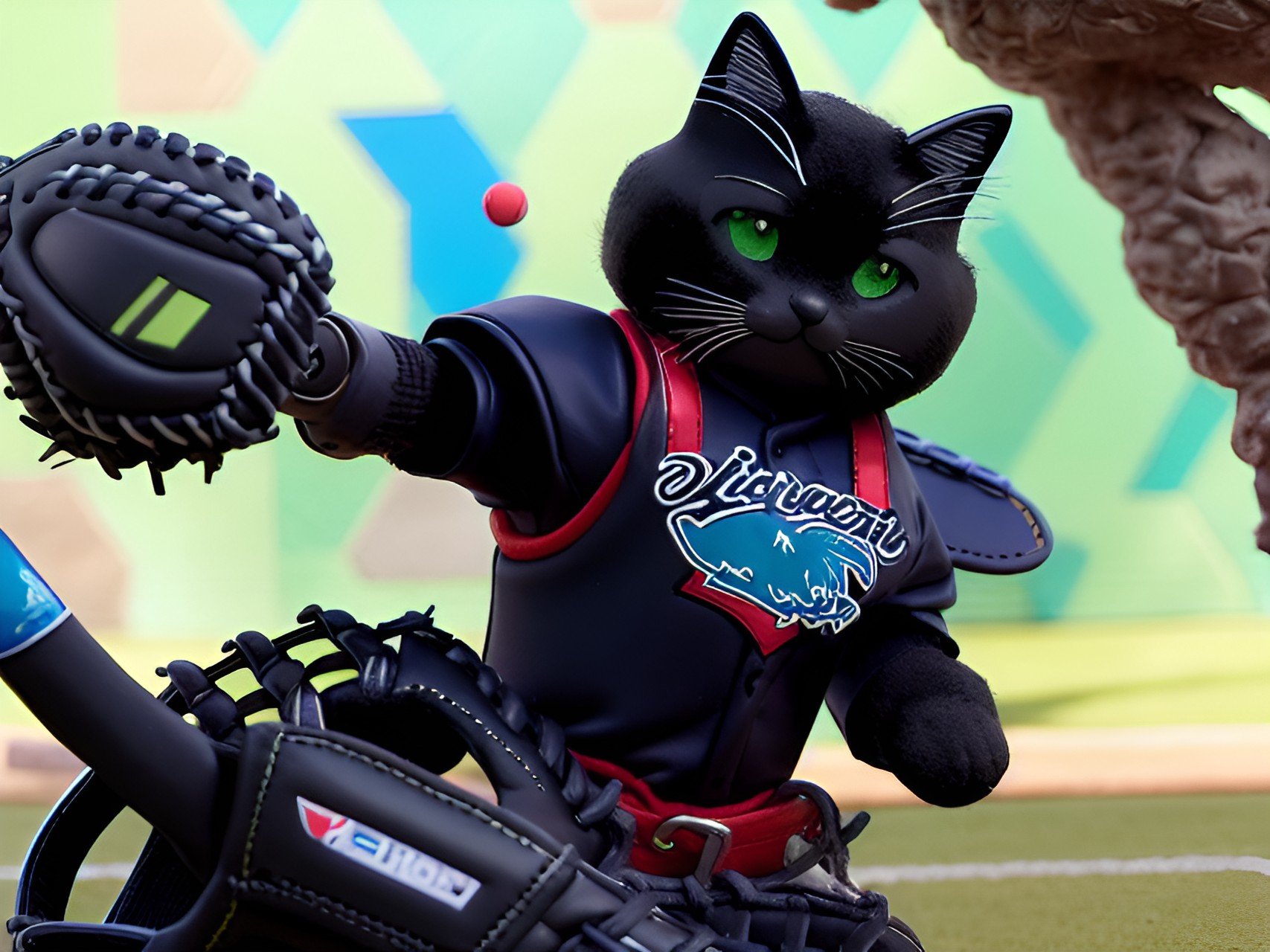 cat baseball catcher with mitt and gear preview