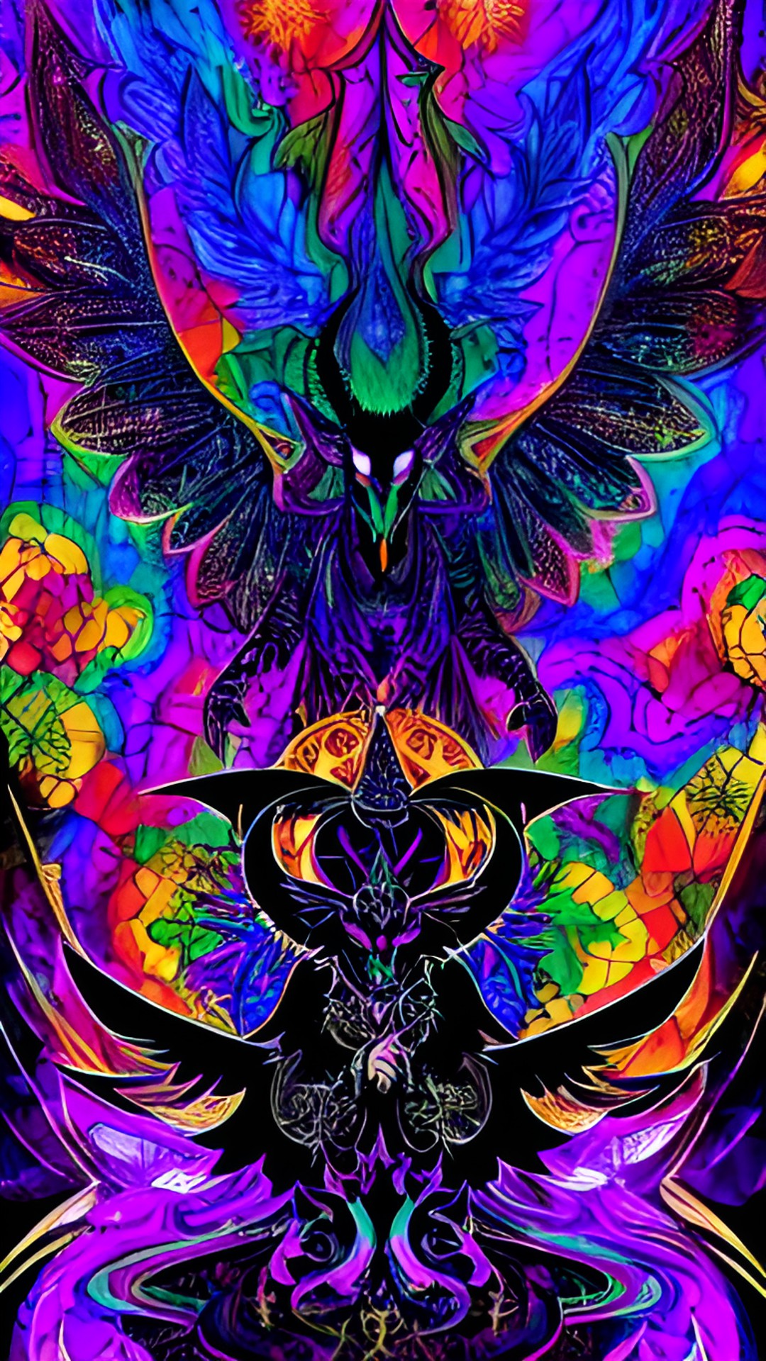 baphomet and lucifer with psychadelic patterns, dark color pallette preview