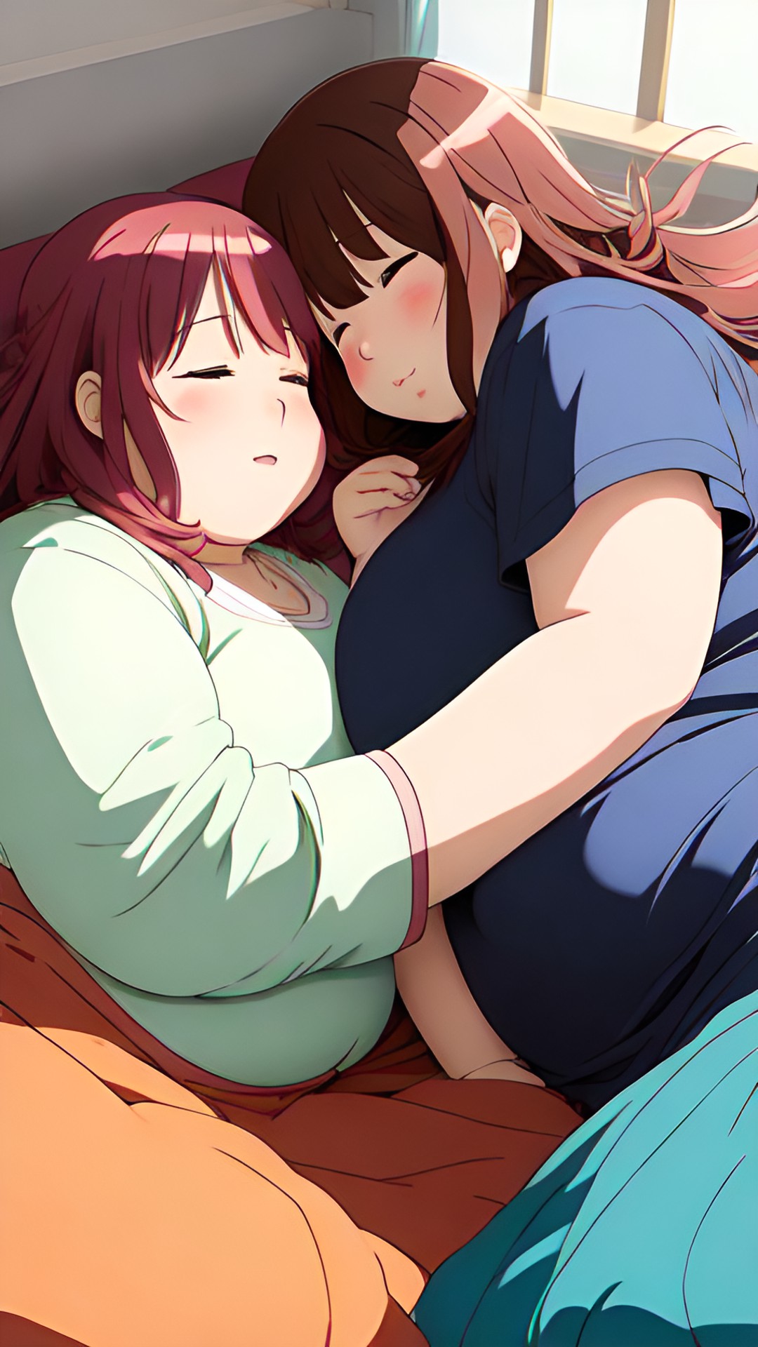 two obese women in bed together sleeping preview