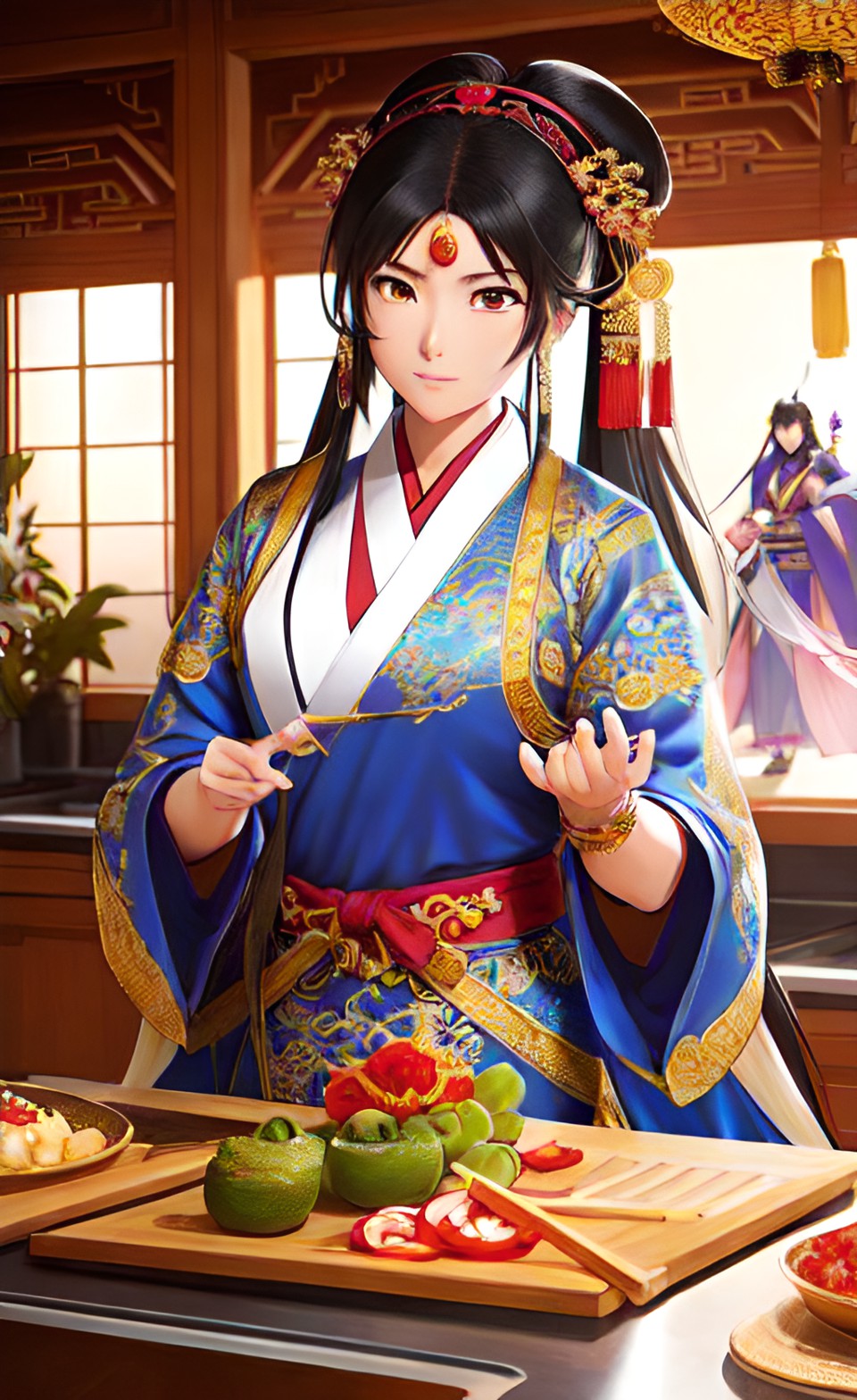 ancient chinese scheherazade fighting ninjas in the kitchen - scheherazade, looking every bit the part of an ancient chinese princess in her ornate robes and jewelry, is in the midst of a fierce batt preview