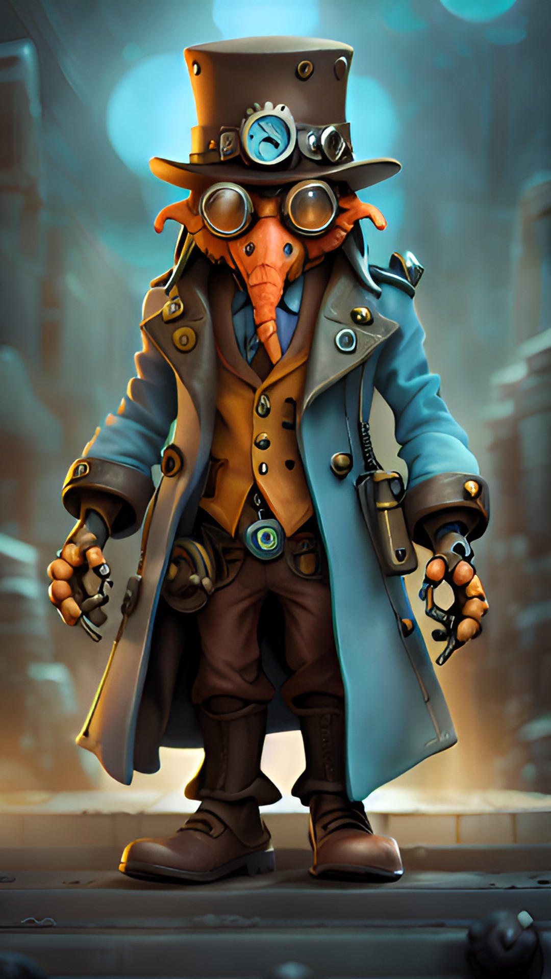 Smeddge/mini Cthulhu - steampunk cthulhu humanoid in a trench coat, brown and orange with light blue details. he has a top hat and goggles preview