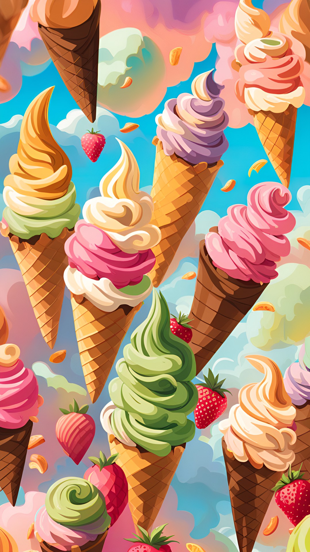 soft icecream - soft pastell colours like vanilla, softcaramel, pistachio, softchocolate, blushpink
happy flying icecream cones different flavours with a lot of decorations and fresh fruit  melting in the sunshine highly detailed realistic
(dreamland v2) preview