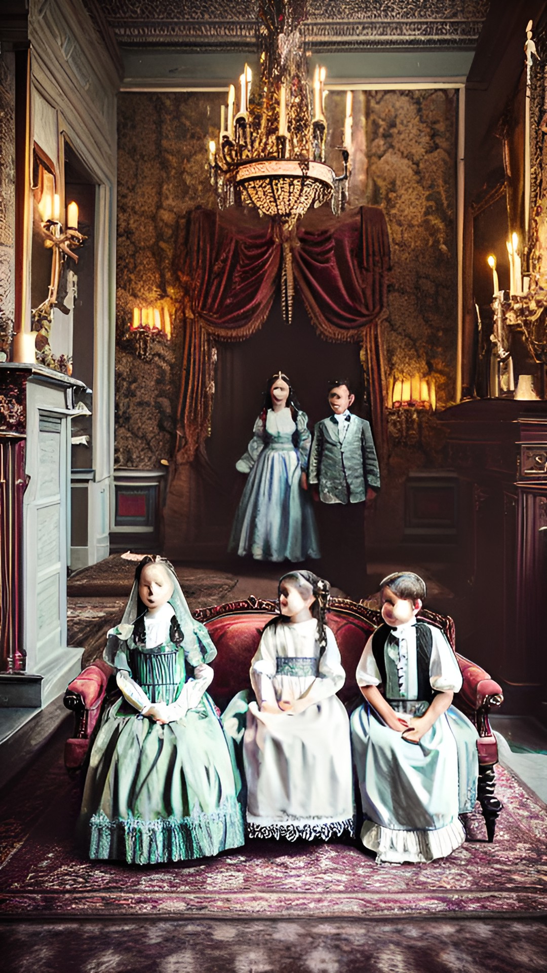 lost family, melancholy spectres, ghosts, in a haunted victorian mansion, subdued colors, baroque furnishings preview