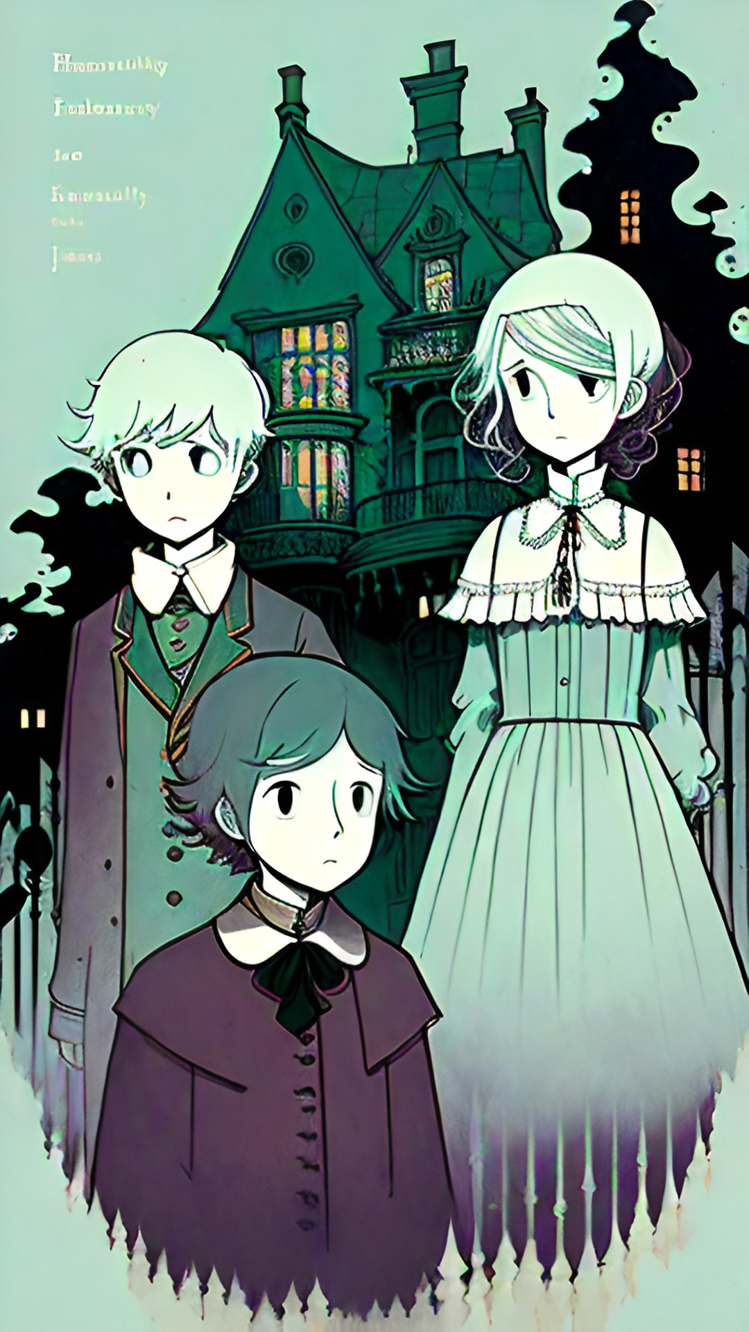 lost family, melancholy spectres, ghosts, in a haunted victorian mansion, subdued colors, baroque furnishings, loss and despair preview