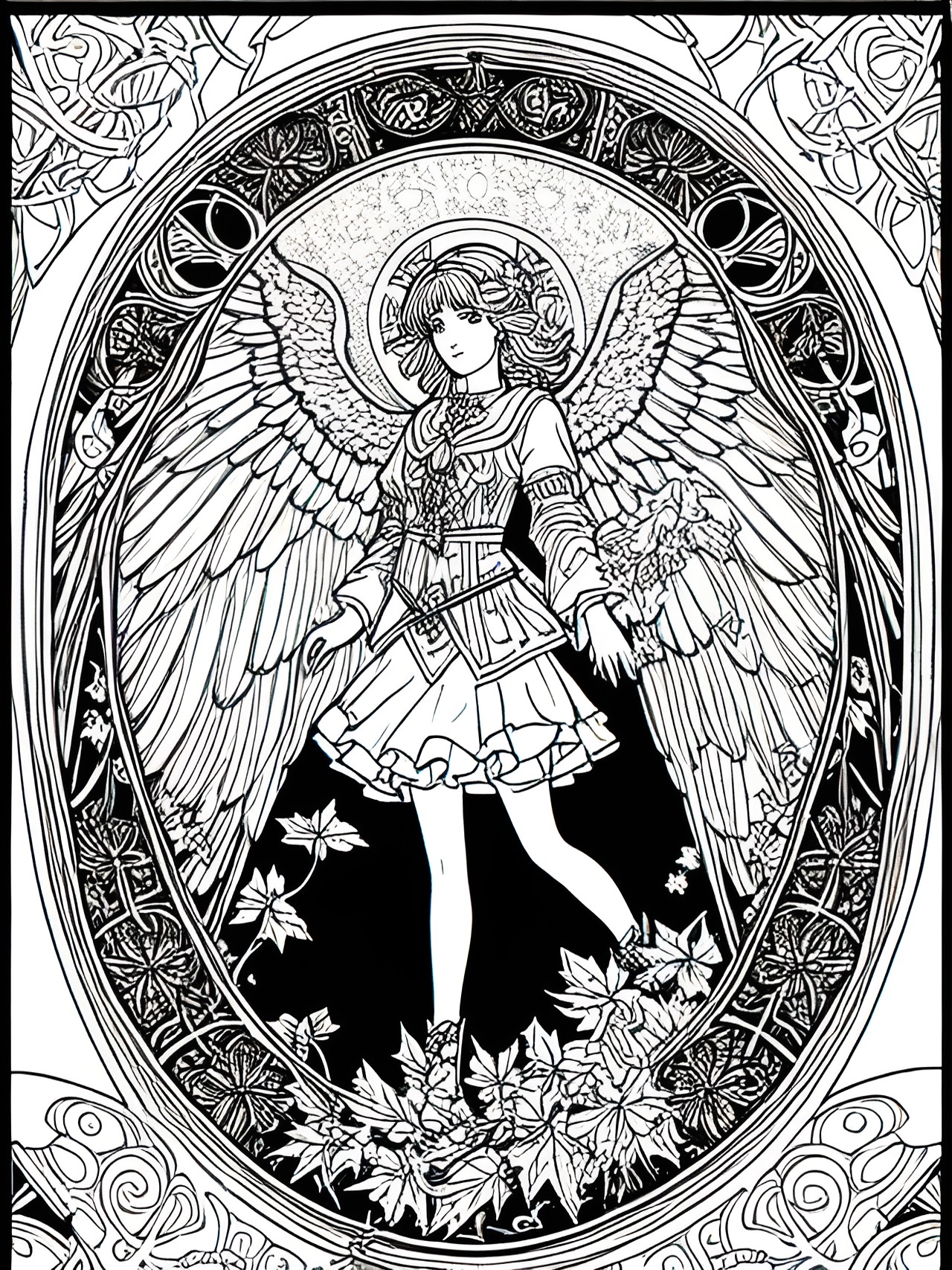 coloring page, art nouveau autumn angel, postcard picture preview