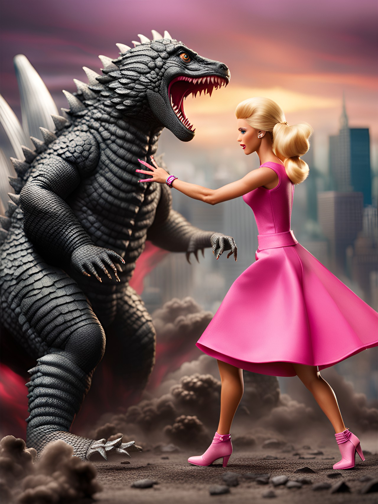 Barbie vs Godzilla - barbie fighting against godzilla preview