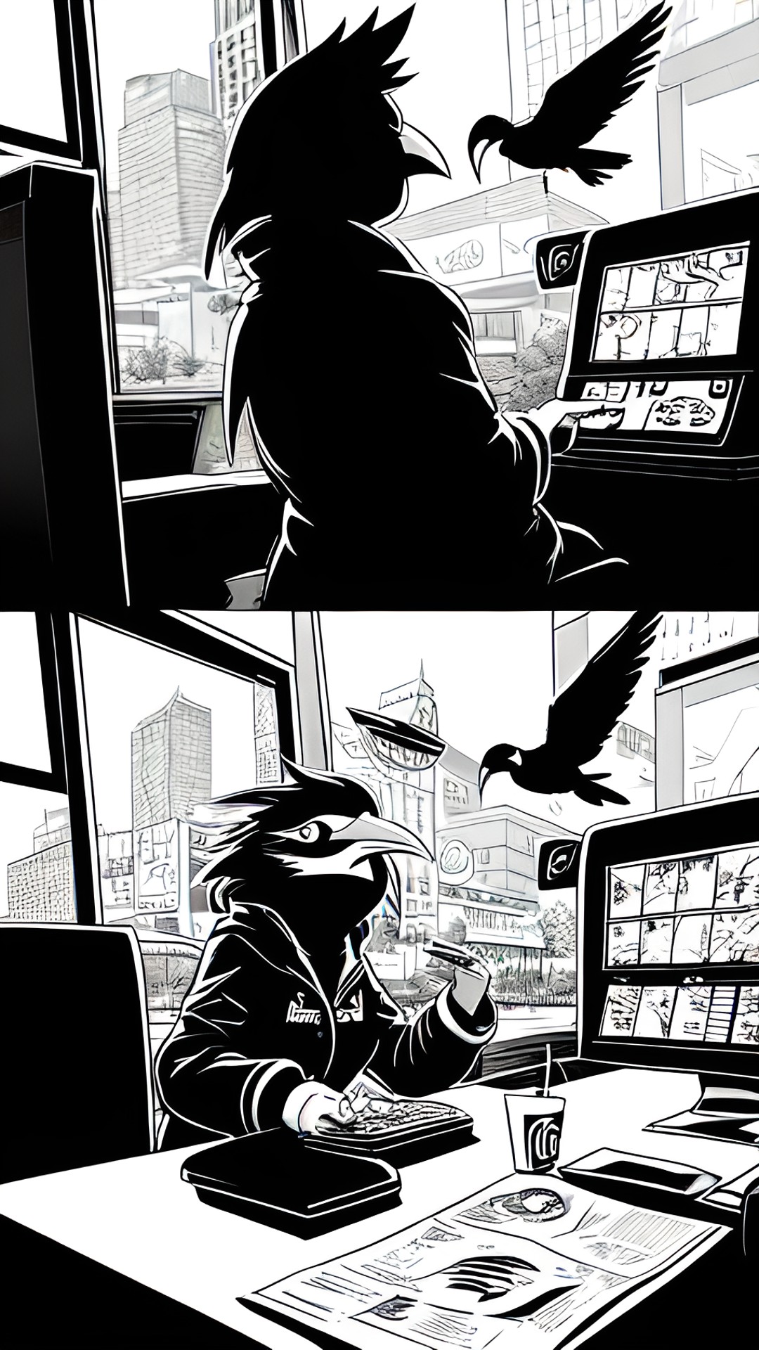 draw a bird woman with a bird beak ordering food from mcdonalds in a dc comic art style, with dramatic lighting angles and lots of shadows preview