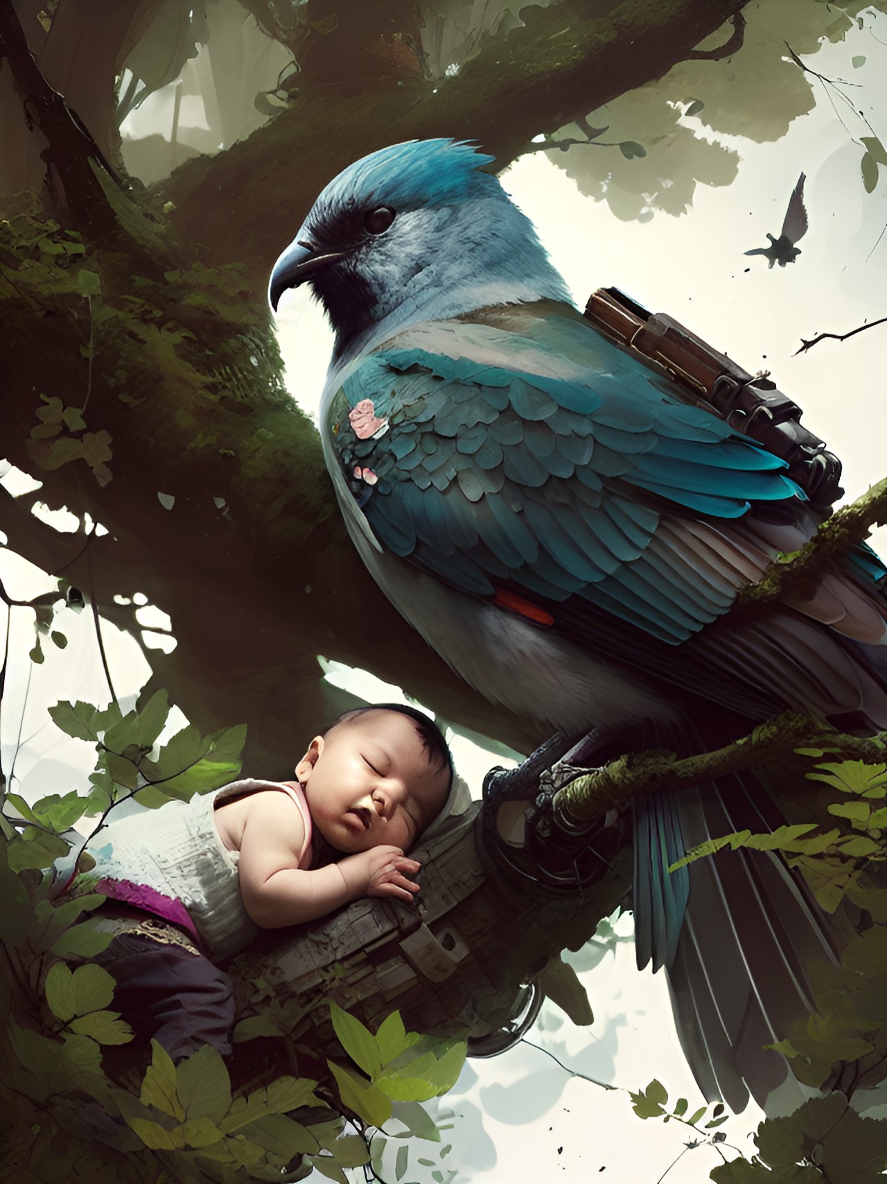 Well watched - baby sleeping in a tree while an old wise bird is watching over it preview