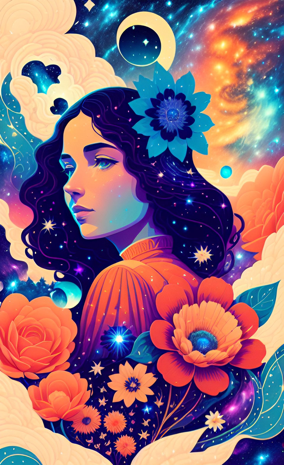 woman, romanticism, flowers, blue, (((galaxy background))) preview