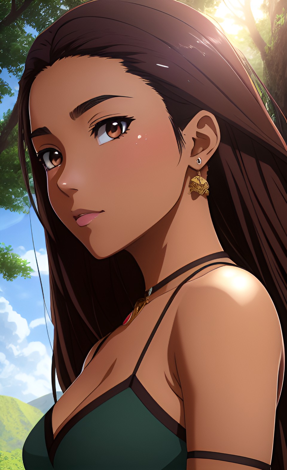 the woman possesses a warm, tan to deep brown complexion, reminiscent of the earthy tones of the andean landscapes. her eyes, deep-set and almond-shaped, gleam with a shade of dark brown, almost black, mirroring the rich forests of her homeland. above those eyes sit full eyebrows, naturally dark and slightly arched. preview