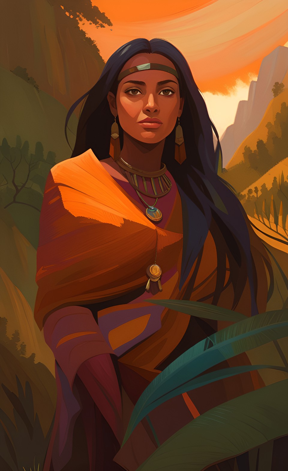 the woman possesses a warm, tan to deep brown complexion, reminiscent of the earthy tones of the andean landscapes. her eyes, deep-set and almond-shaped, gleam with a shade of dark brown, almost black, mirroring the rich forests of her homeland. above those eyes sit full eyebrows, naturally dark and slightly arched. preview