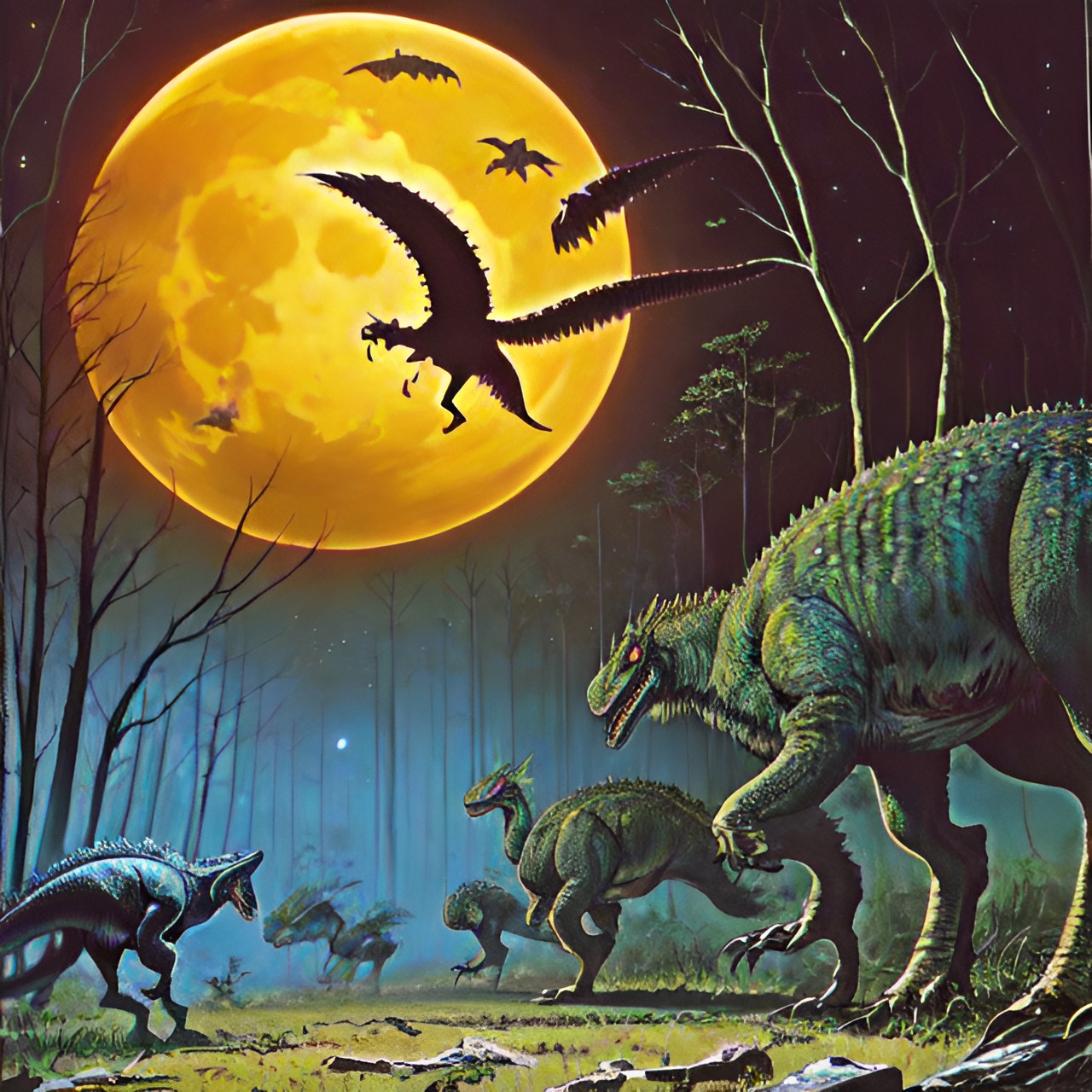 Moonlight hunt - three different carnivorous bipedal dinosaurs. hunting together in forest, under moonlight two people running preview