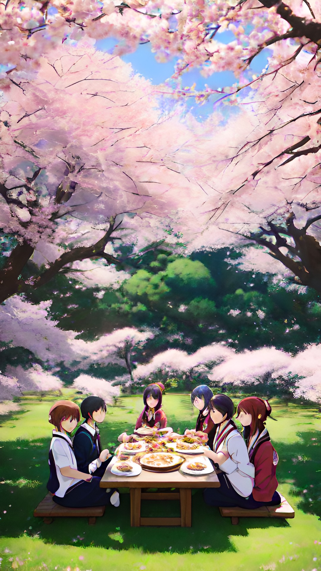 group of friends sharing a meal under cherry blossom trees in full bloom. preview