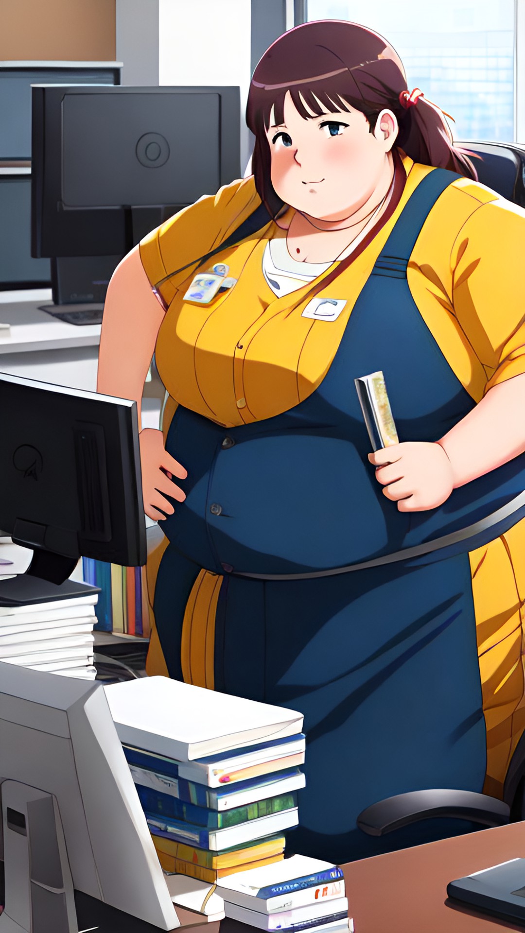 a obese fat huge giant 1,000 pound anime woman working at the office preview