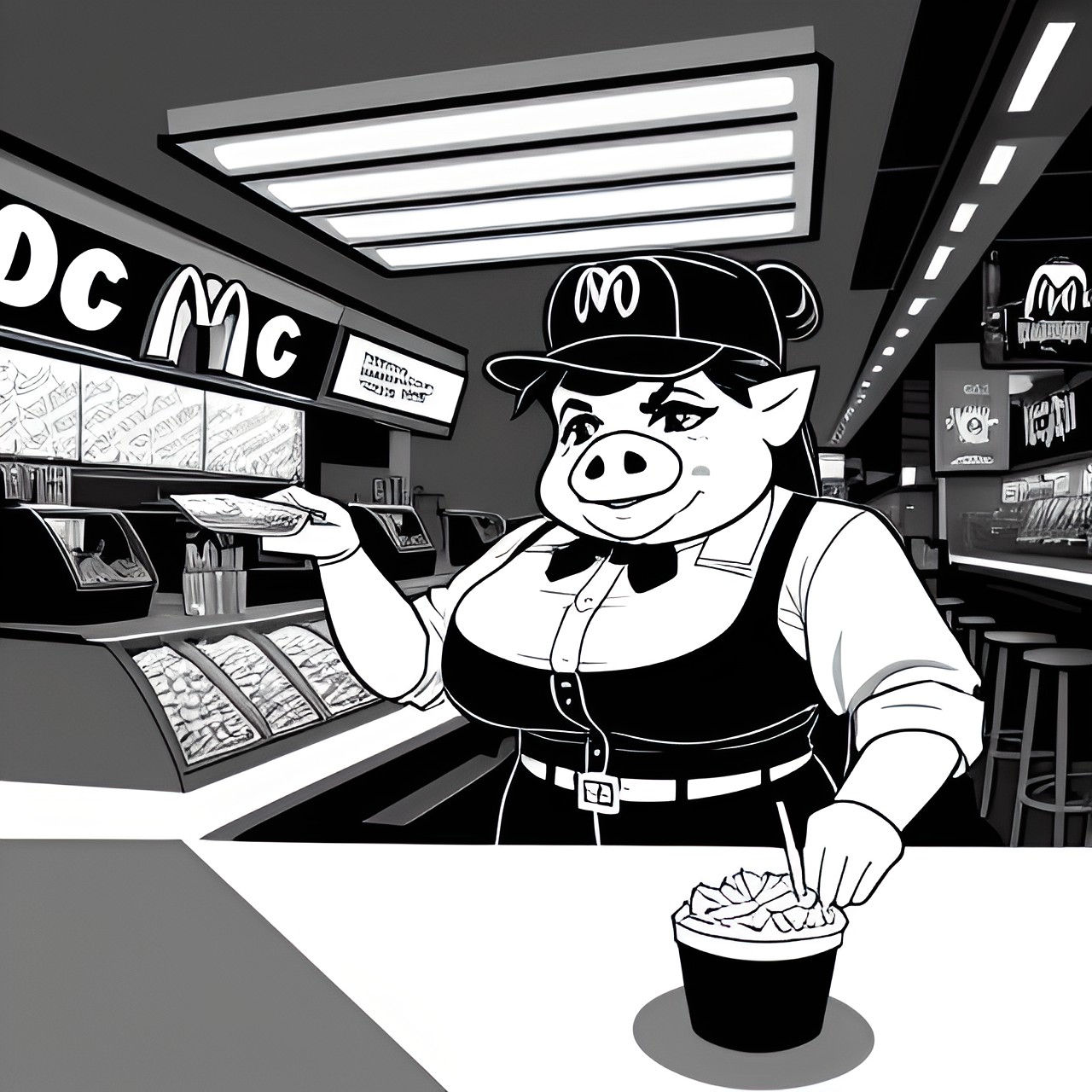 draw a pig woman ordering food from mcdonalds in a dc comic art style, with dramatic lighting angles and lots of shadows preview