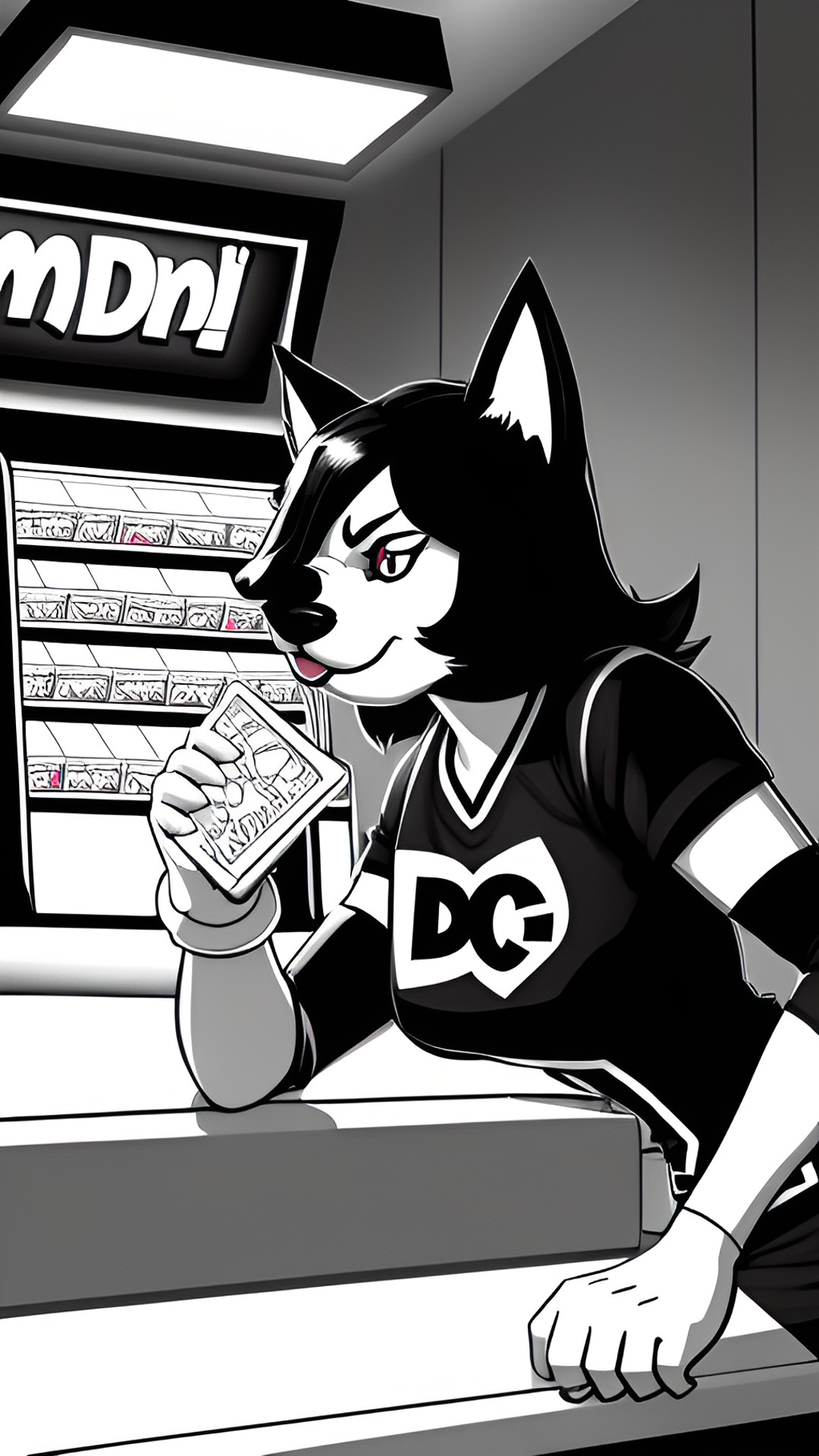 draw a dog woman ordering food from mcdonalds in a dc comic art style, with dramatic lighting angles and lots of shadows preview