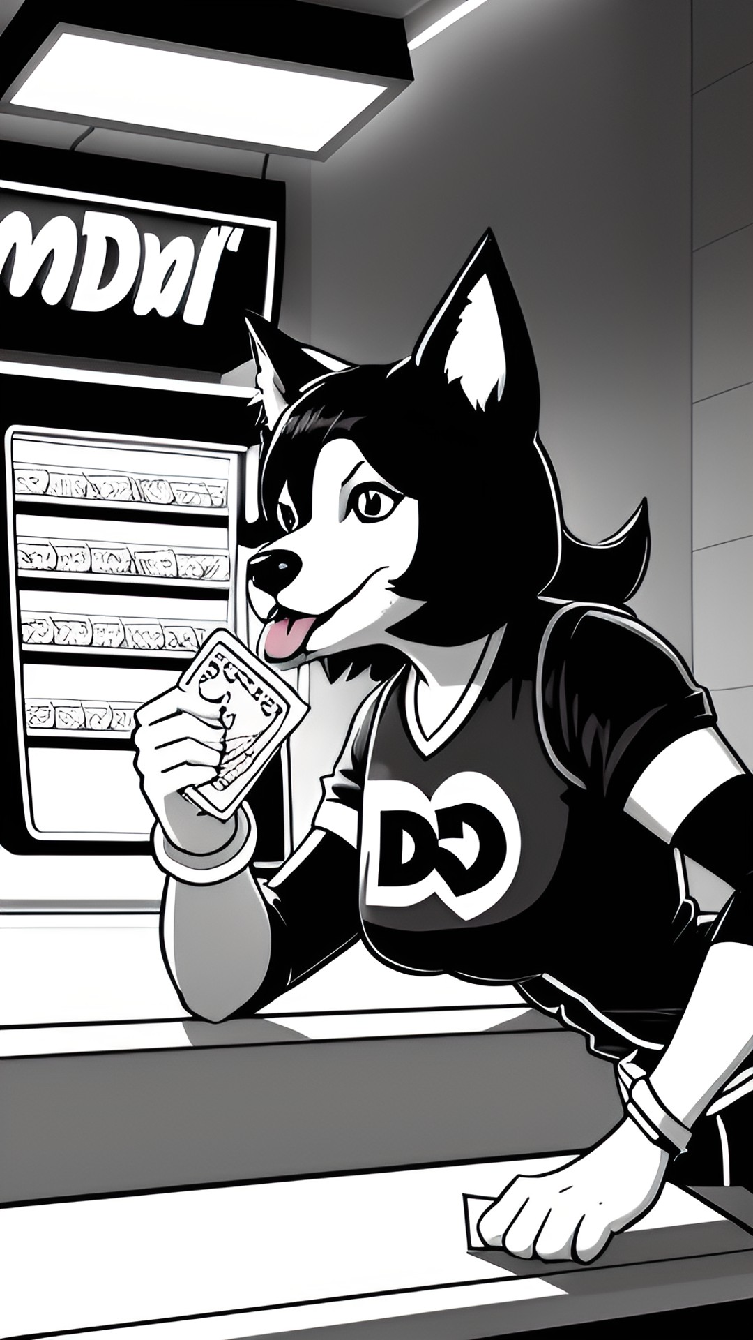 draw a dog woman ordering food from mcdonalds in a dc comic art style, with dramatic lighting angles and lots of shadows preview