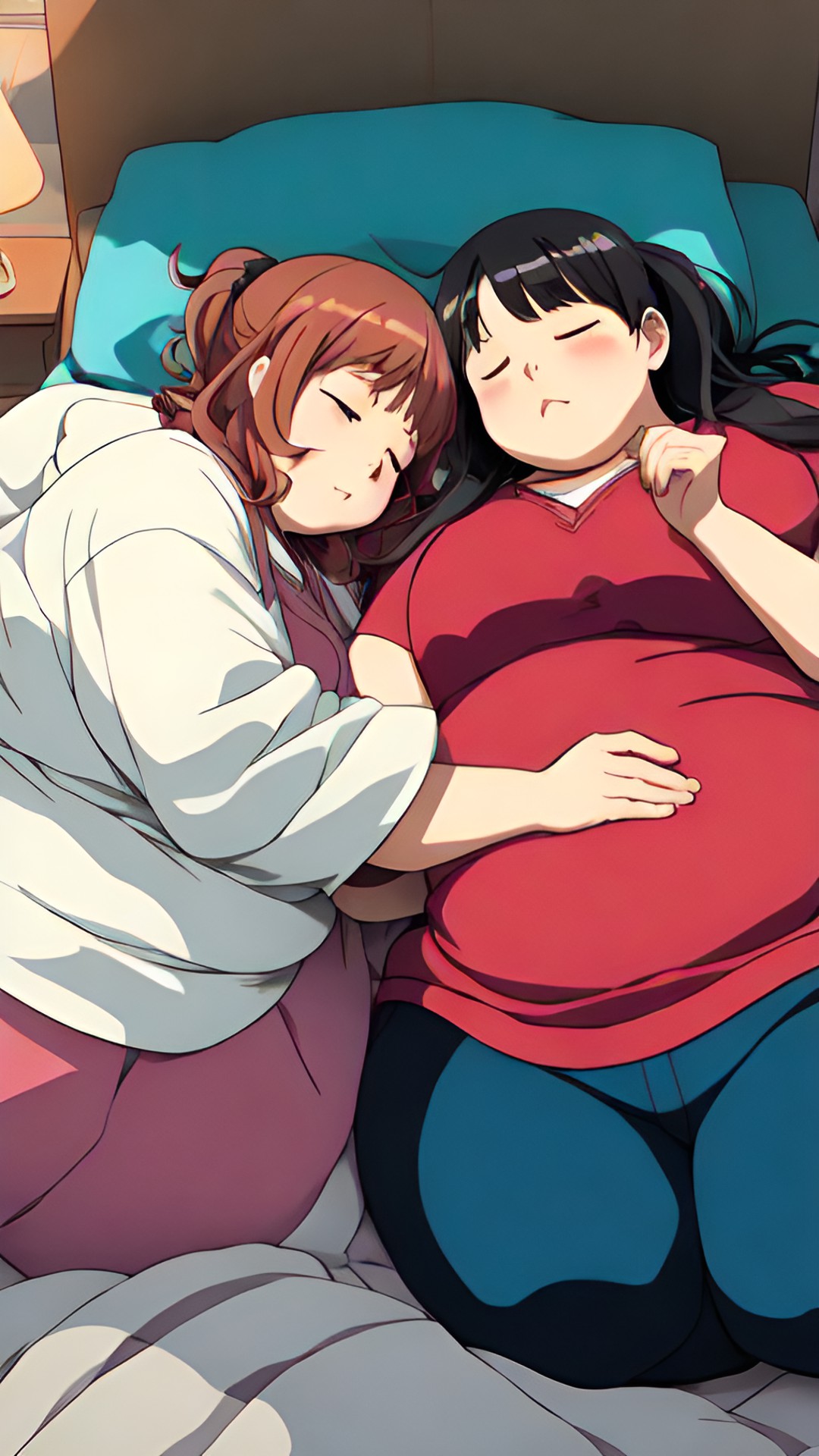 two obese women in bed together sleeping preview