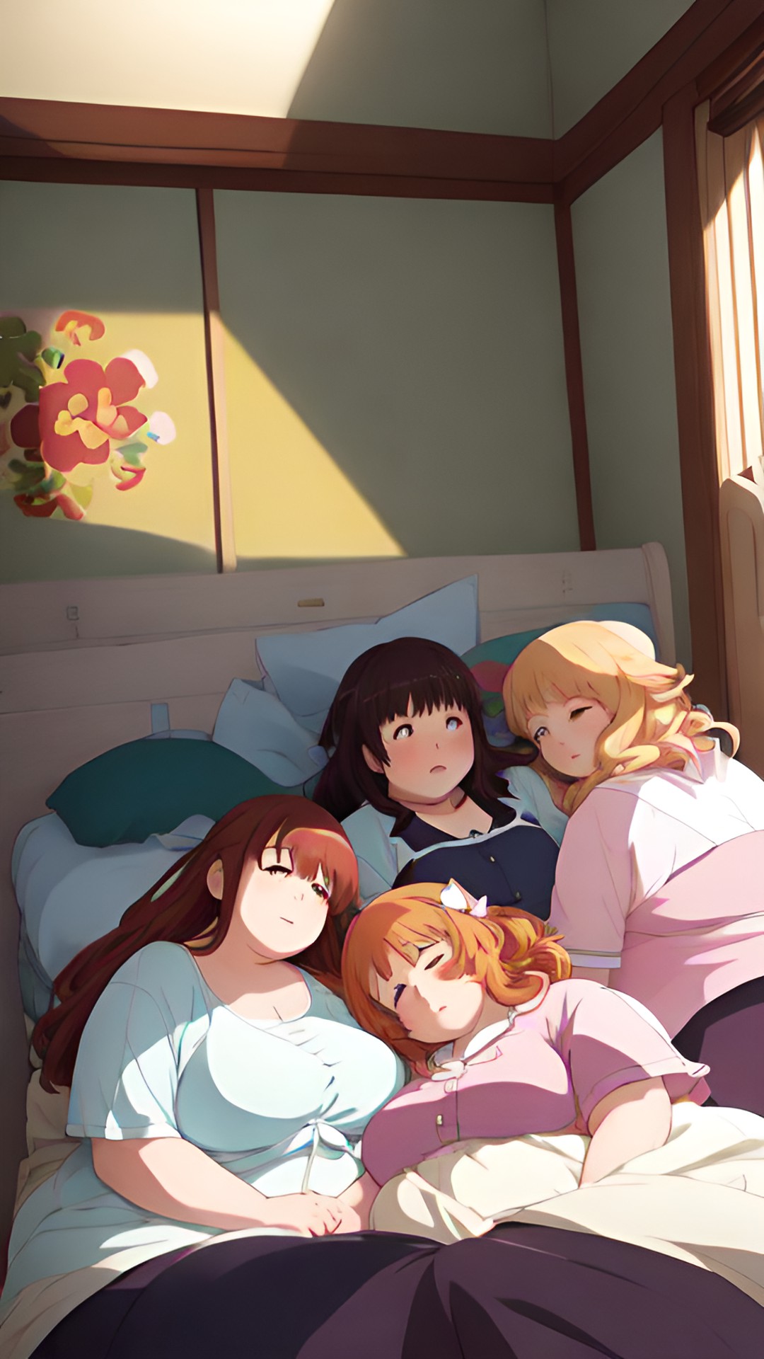 a group of obese women in bed together sleeping preview