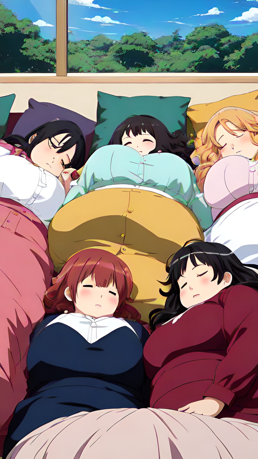 three obese women in bed together sleeping preview