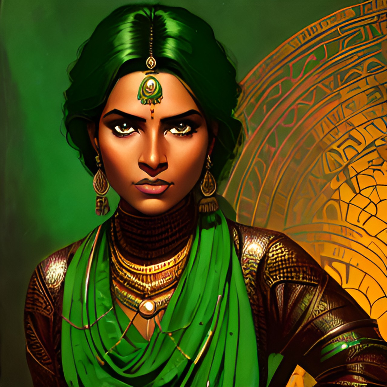 Nagrani - a woman with dark brown skin, green eyes and copper snakes for hair. she wears a green sari and copper jewelry preview