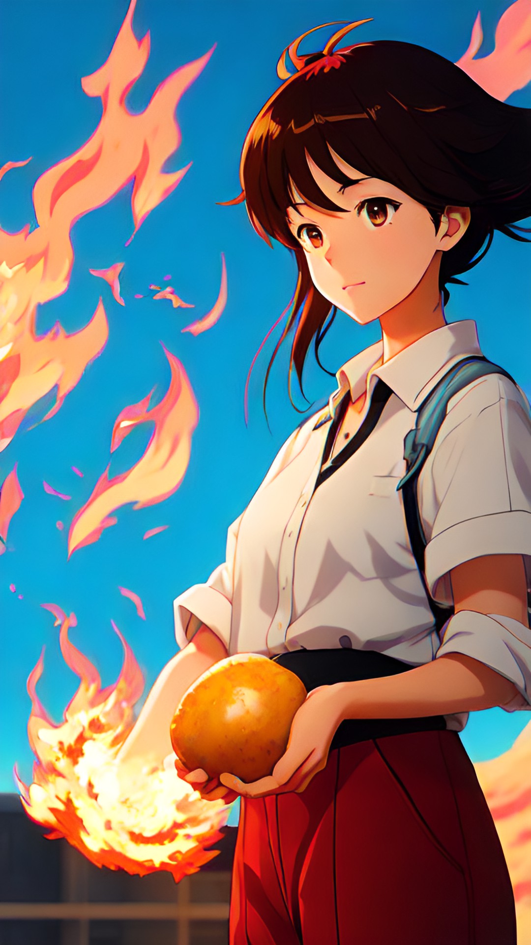 woman holding a flaming potato preview