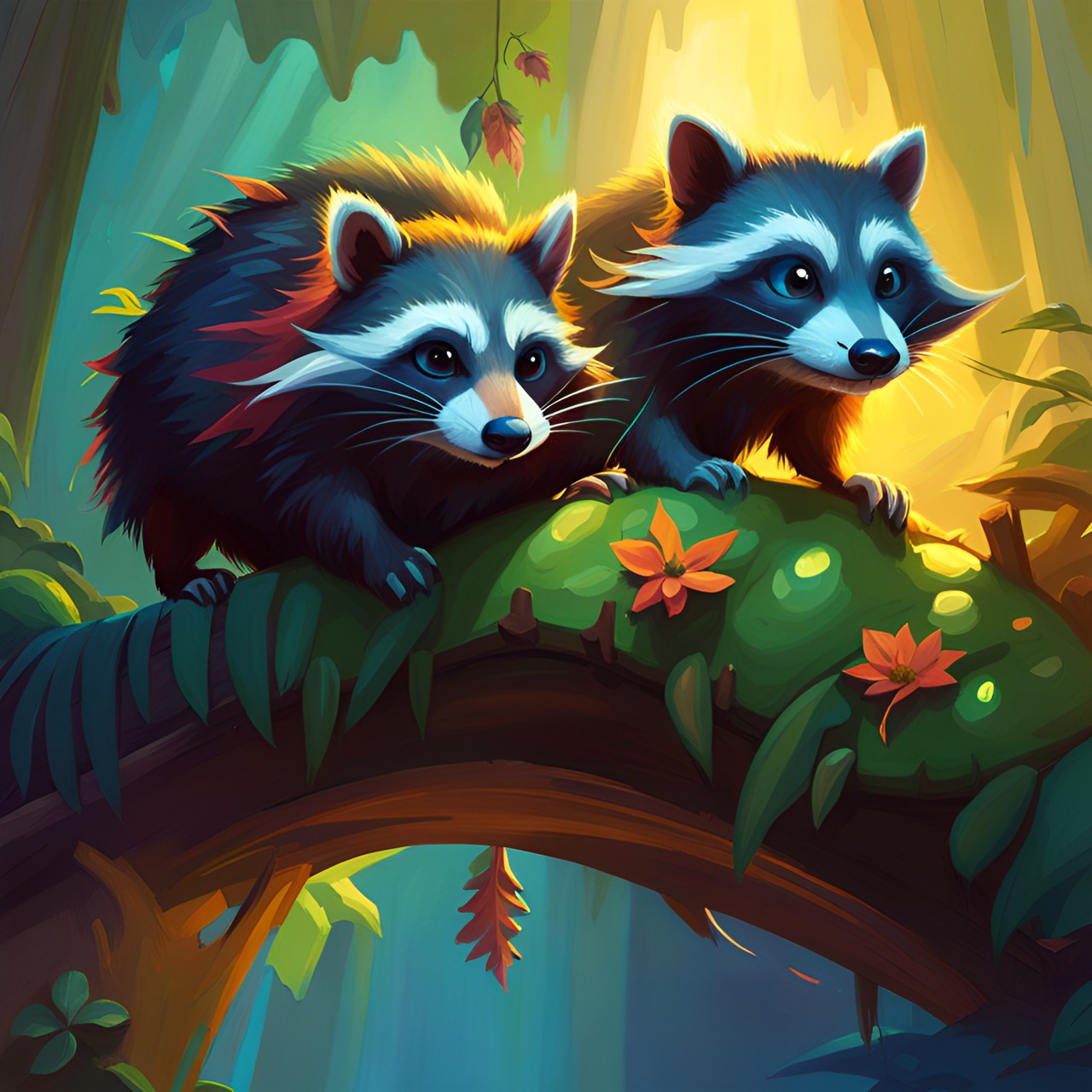 Buddies - three raccoons atop a giant caterpillar preview