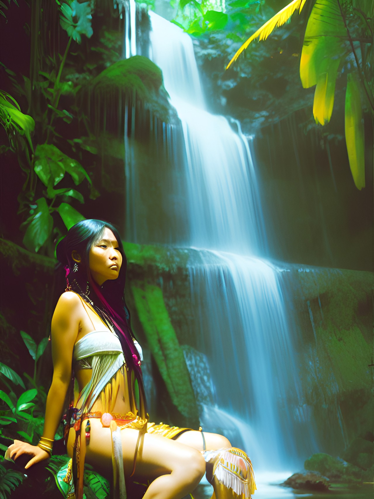 Rejuvenation - jungle waterfall. gorgeous tribal woman bathing preview