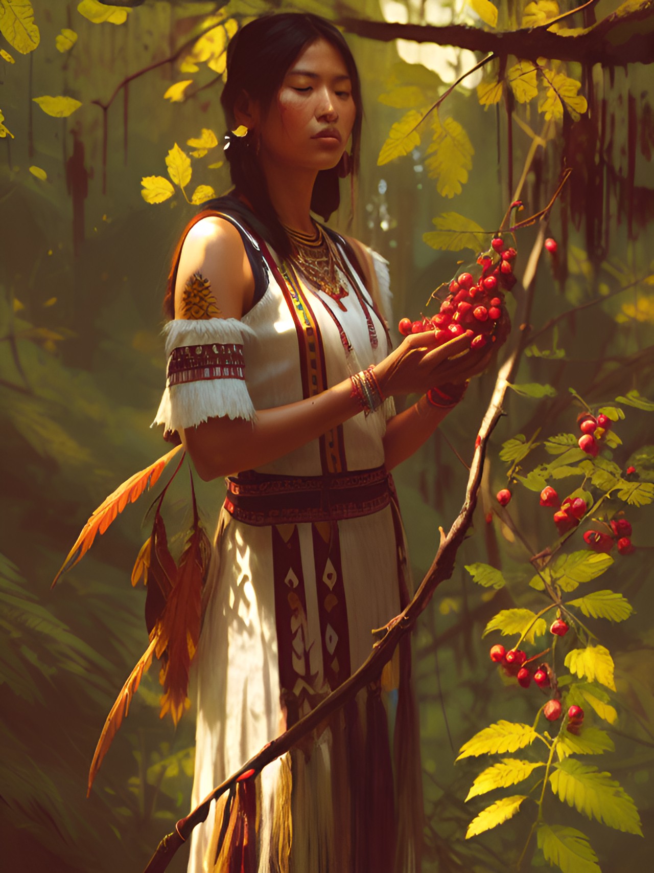 Seminole Harvest - gorgeous seminole tribal woman gathering berries in the forest preview