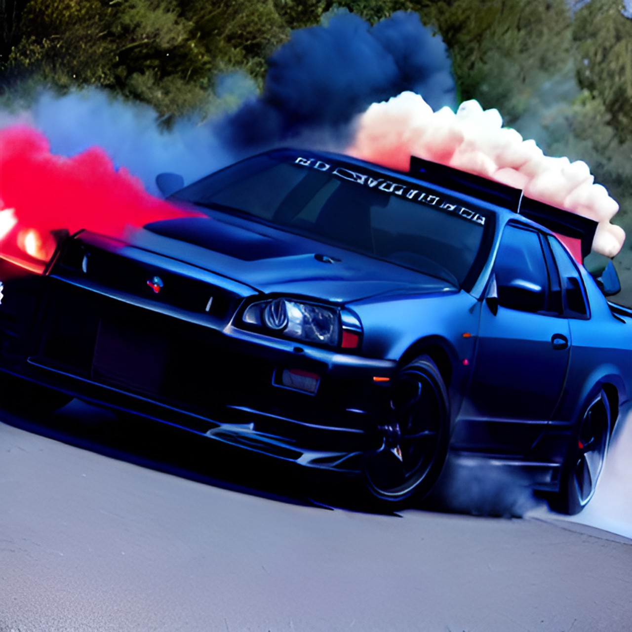 Burnouts - nissan skyline doing a burnout, with black smoke billowing from the tires. the car is revving its engine, and the driver has a wide grin on his face. preview