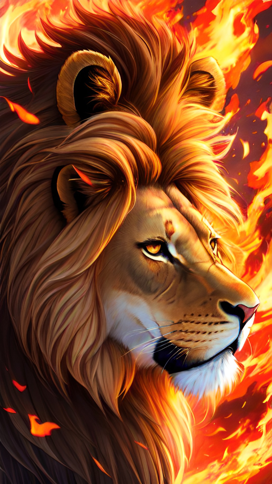 a lion siting down mane made of fire, crown on head. preview