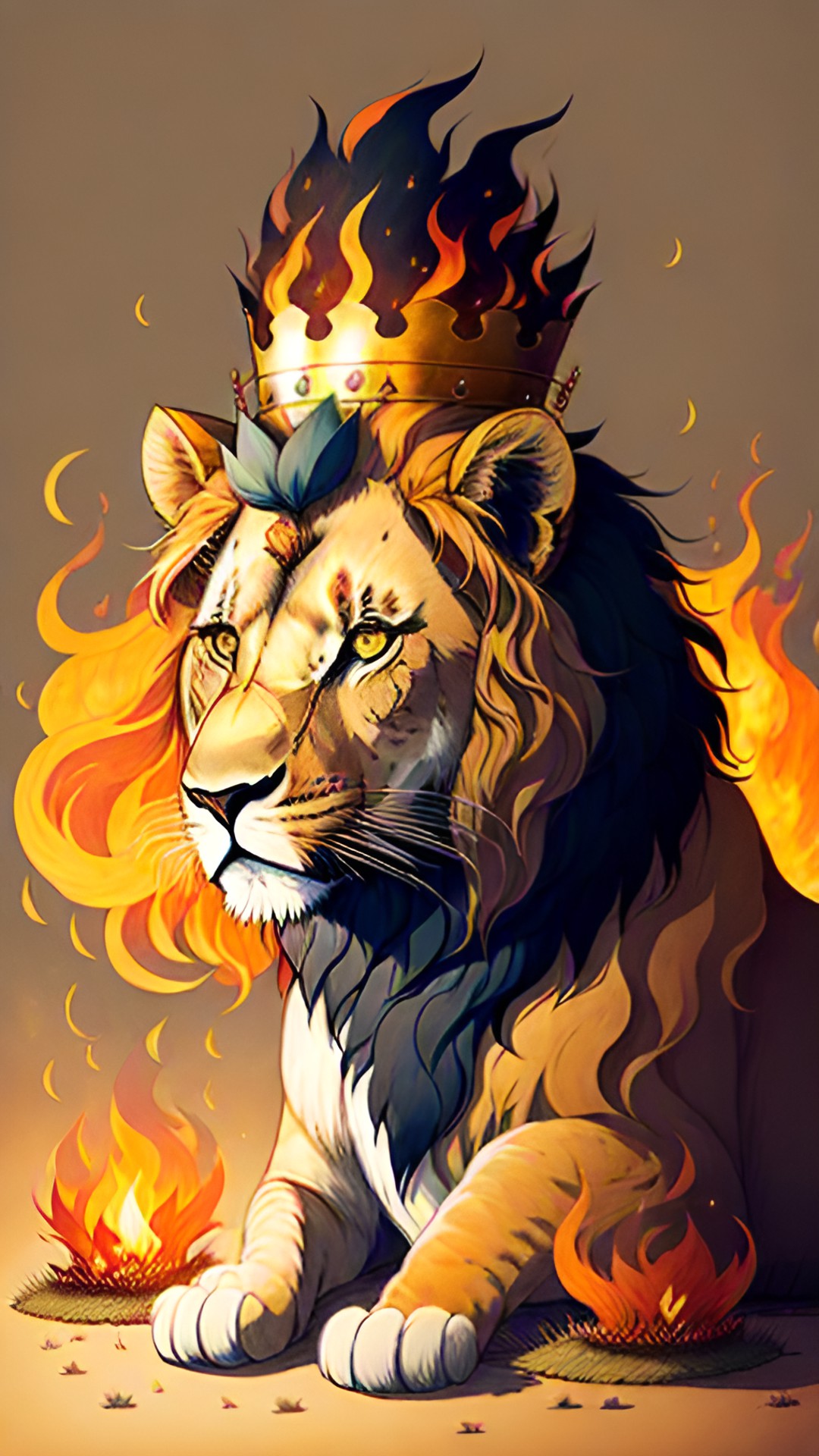 a lion siting down mane made of fire, crown on head. preview