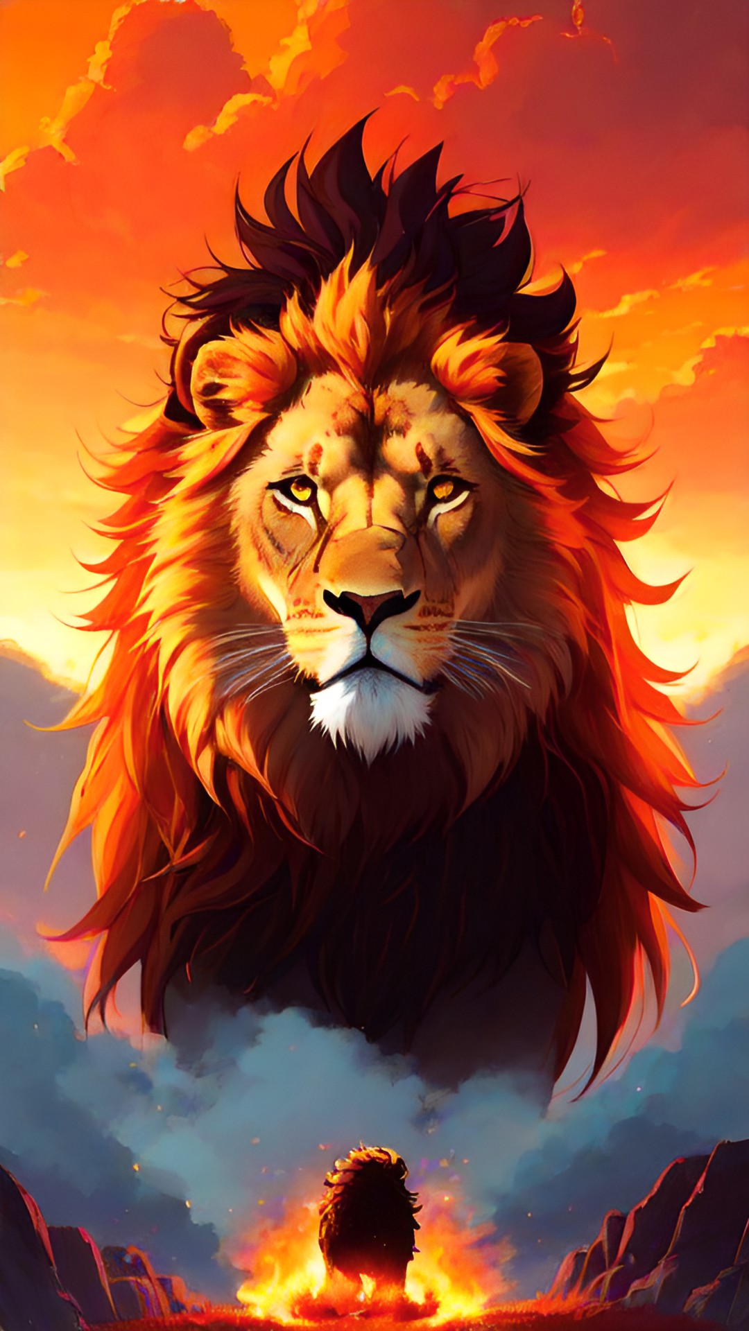 a lion siting down mane made of fire, crown on head. looking strate ahead. preview