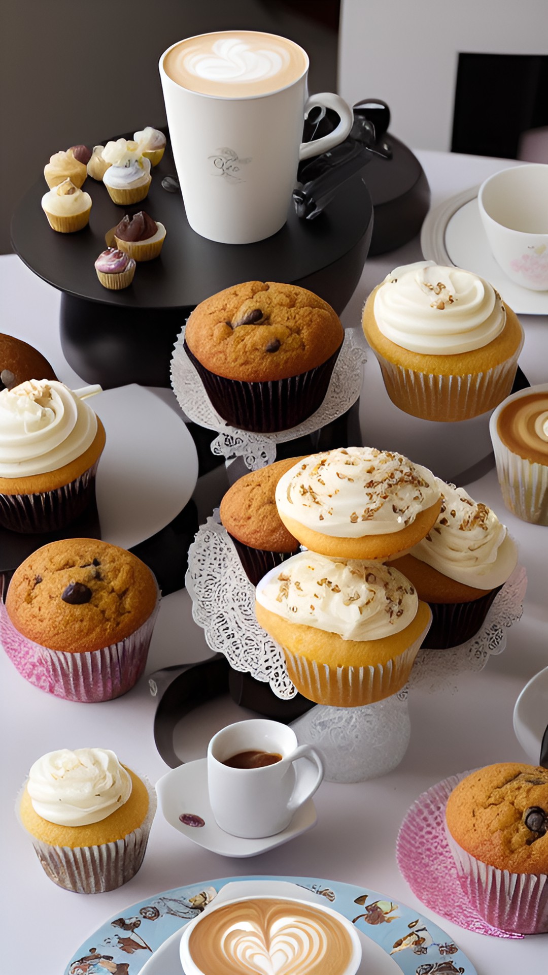 coffeetable - soft colours
koffeetime
lovely table with 
 a table cloth and a lot of cups with latte macciato and muffins and cupcakes with icing and coffee beans spread all over
highly detailed realistic preview