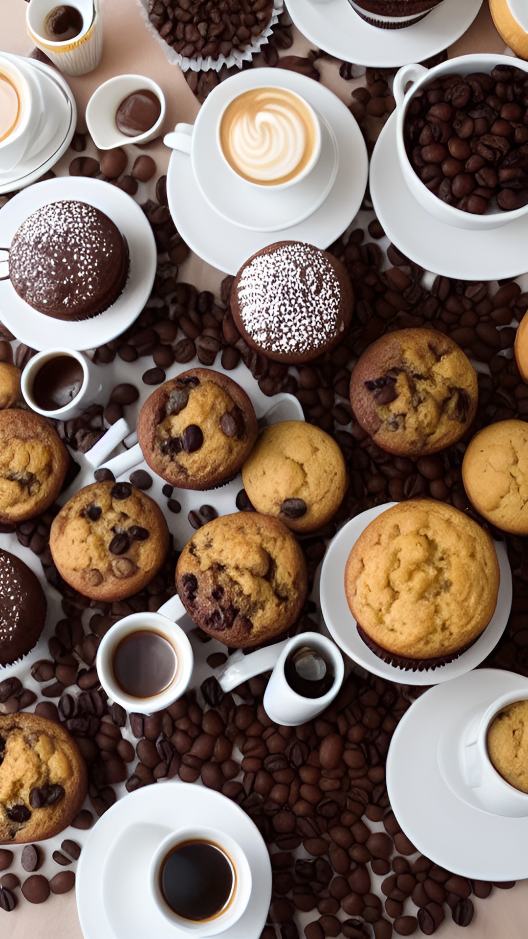 coffee table - koffeetime
lovely table with table cloth and a lot of cups with latte macciato and muffins and cupcakes with icing and coffee beans spread all over
highly detailed realistic preview