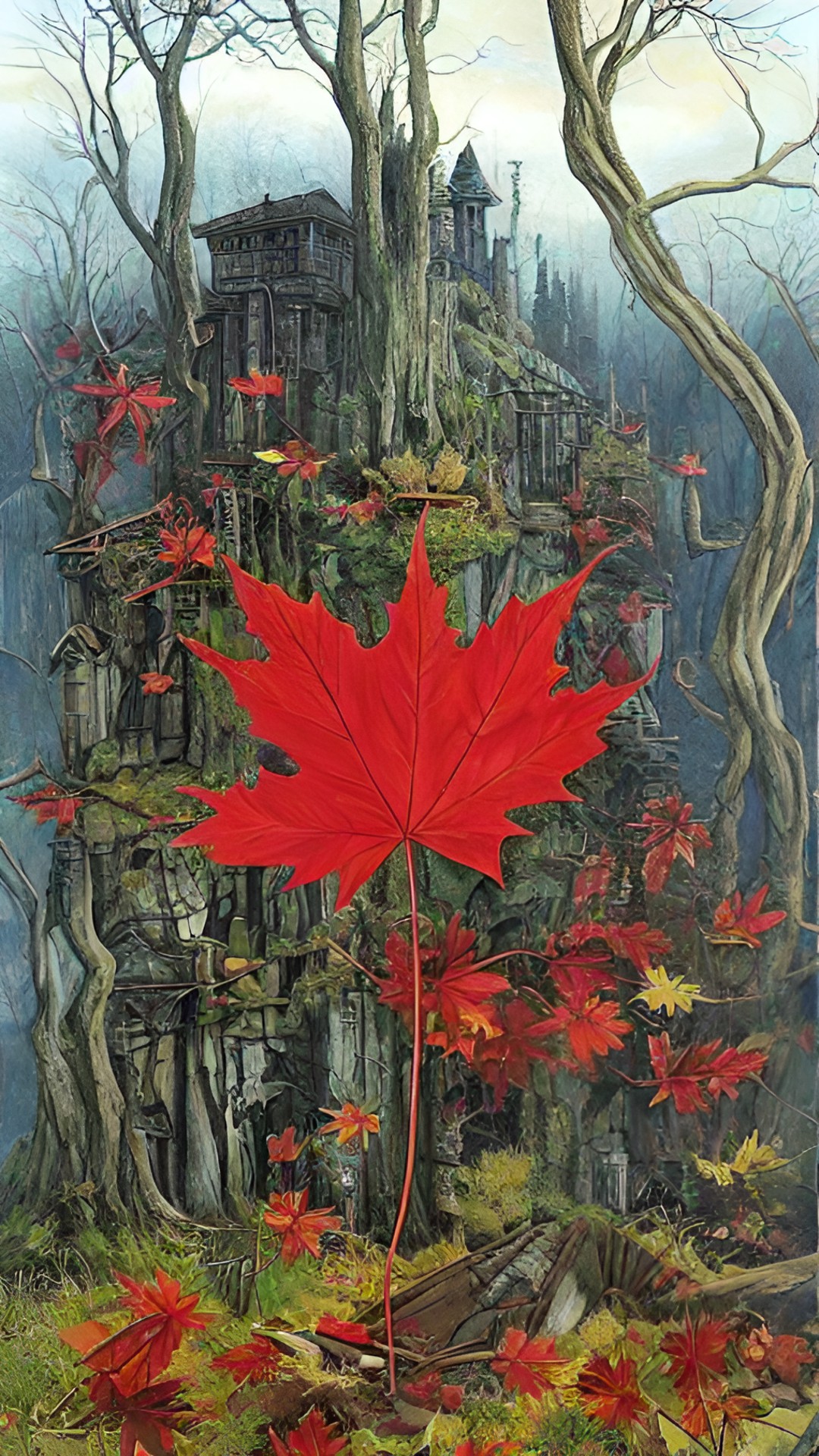 an old book with a red maple leaf on the center of the cover with no title and an arrow in the leaf preview